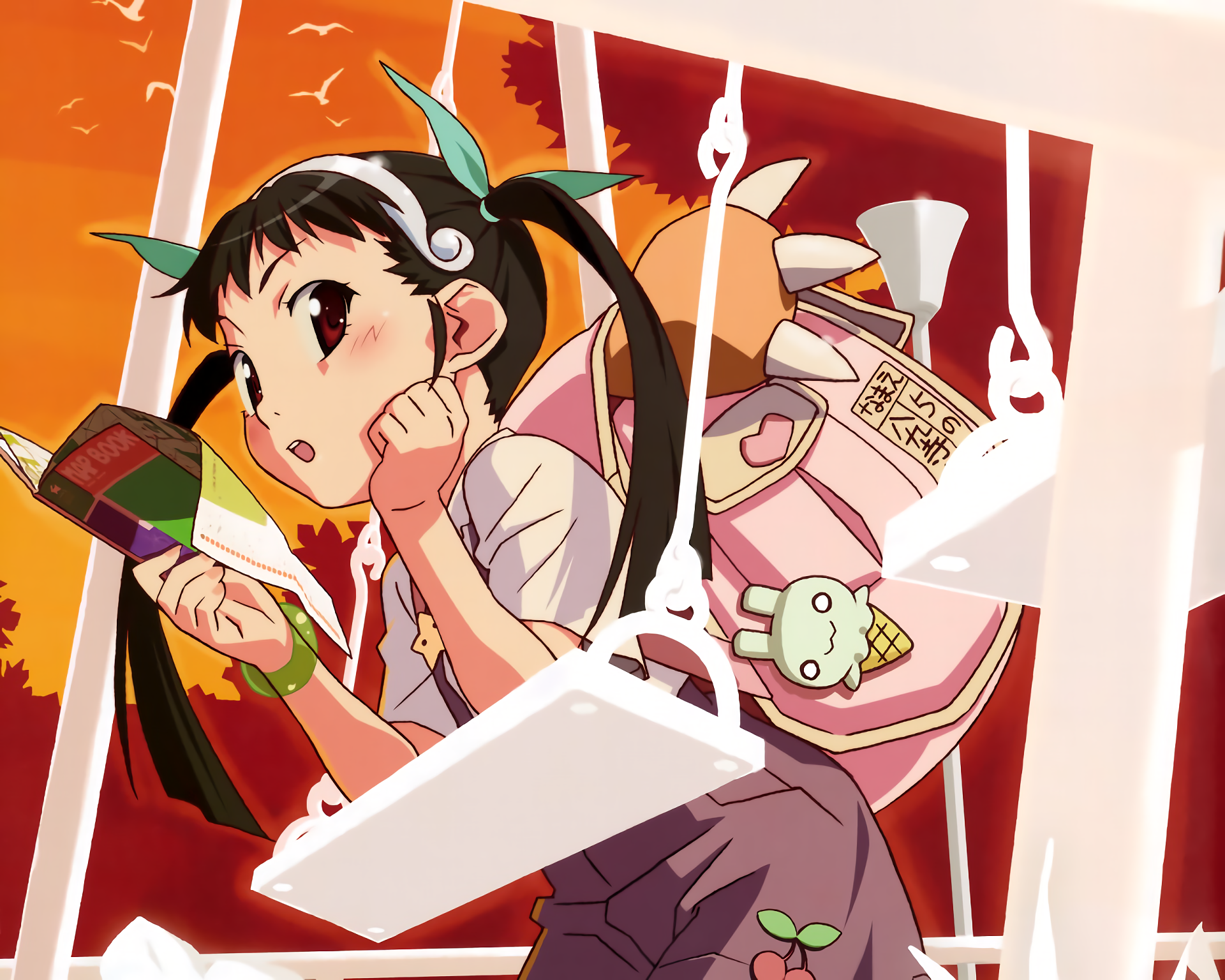 Mayoi Hachikuji reading a book on a swing HD Wallpaper