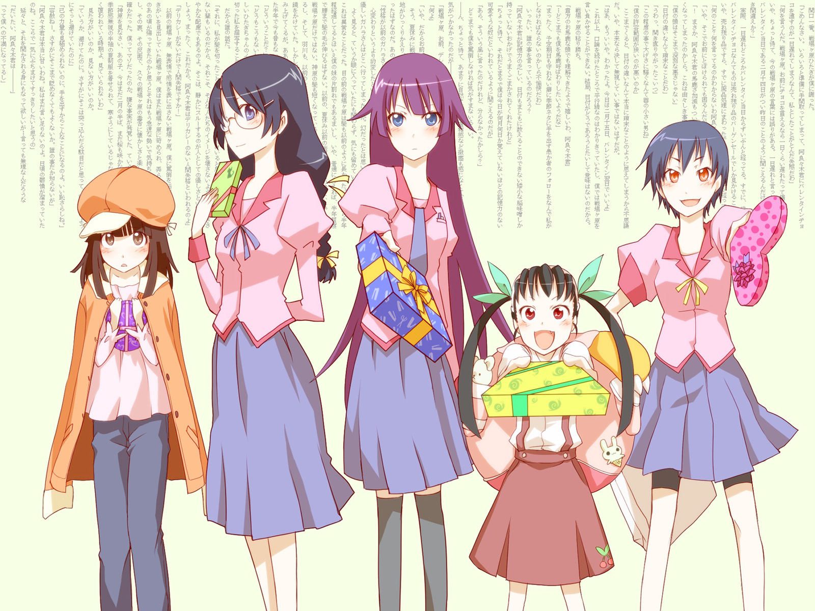 Mayoi Hachikuji and friends with gifts HD Wallpaper