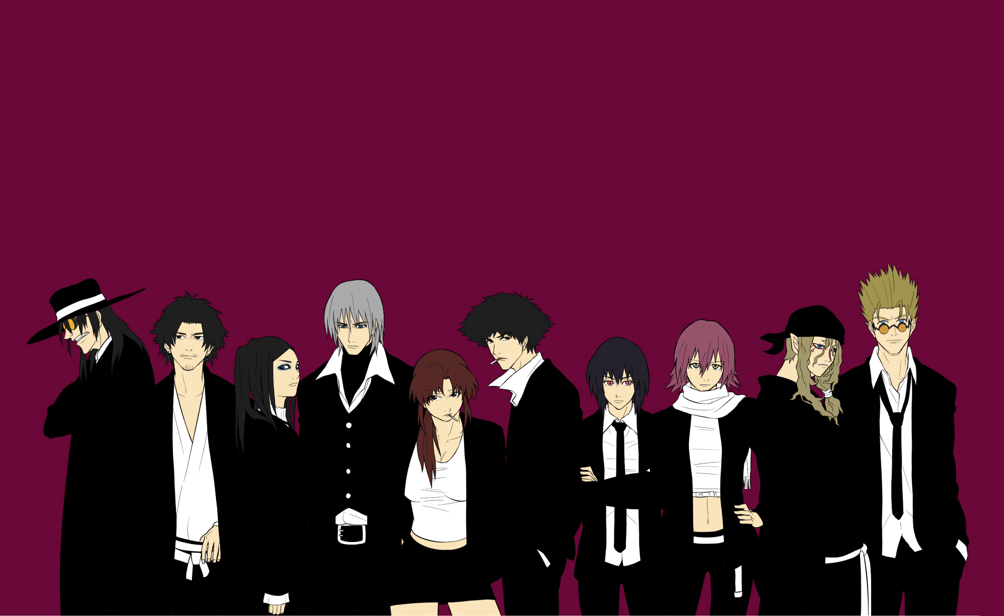 Group of anime characters in black suits HD Wallpaper