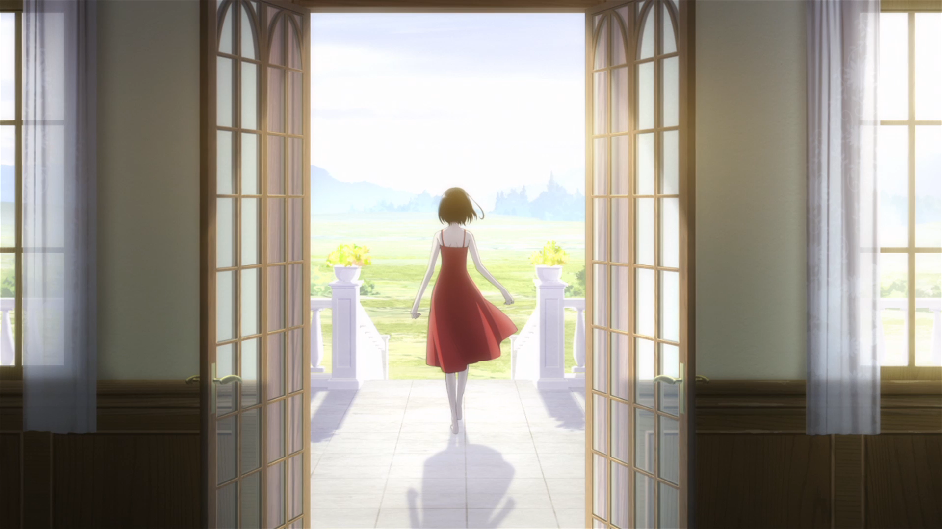 Mei Misaki in a red dress on a balcony HD Wallpaper