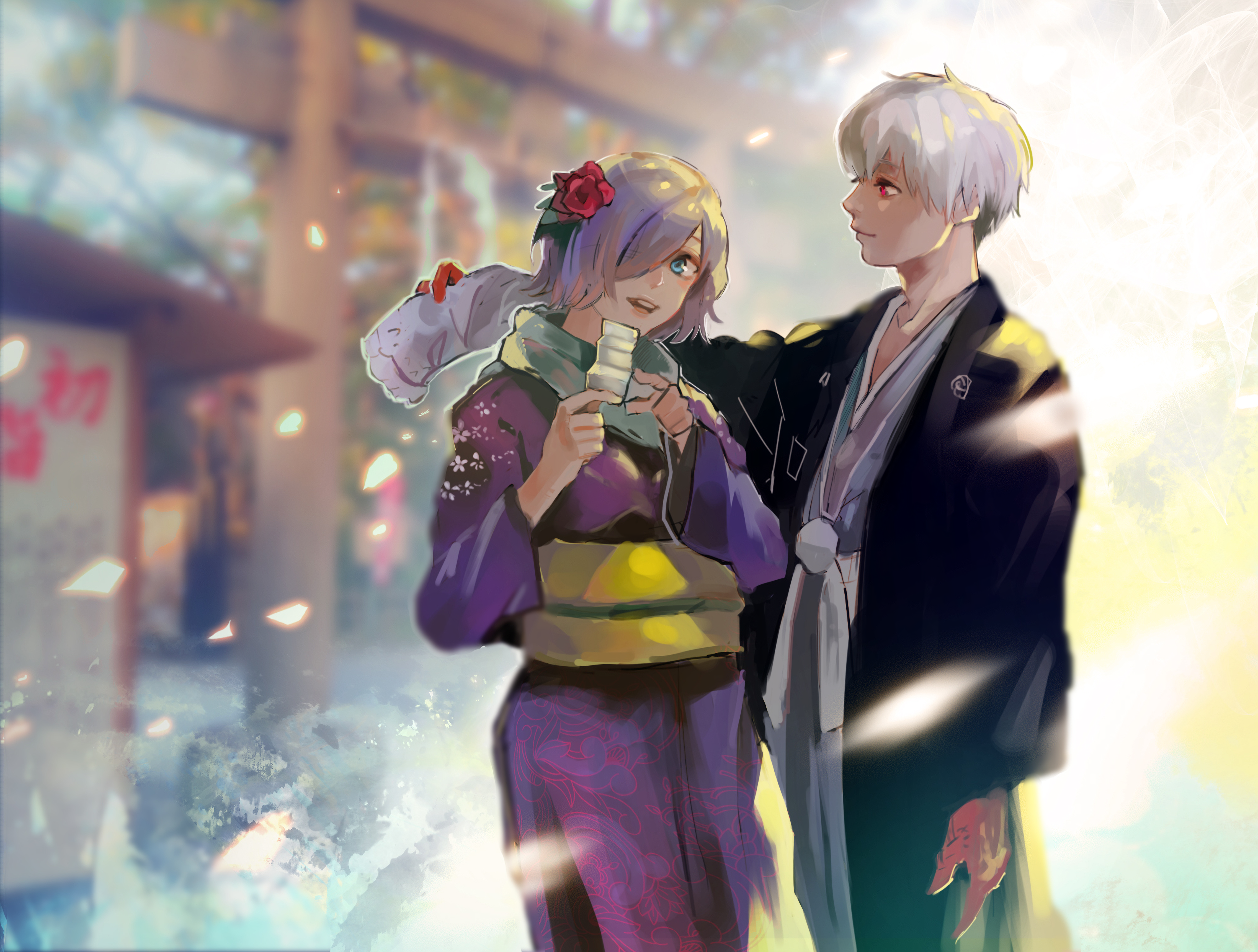 Couple in Kimonos at Shrine HD Wallpaper