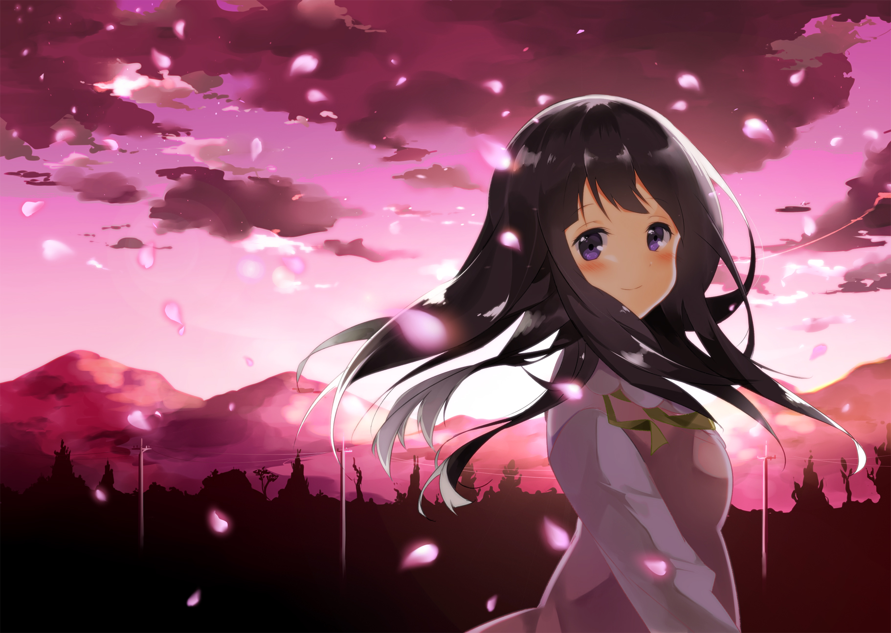 Eru Chitanda in a pink sky with falling petals HD Wallpaper