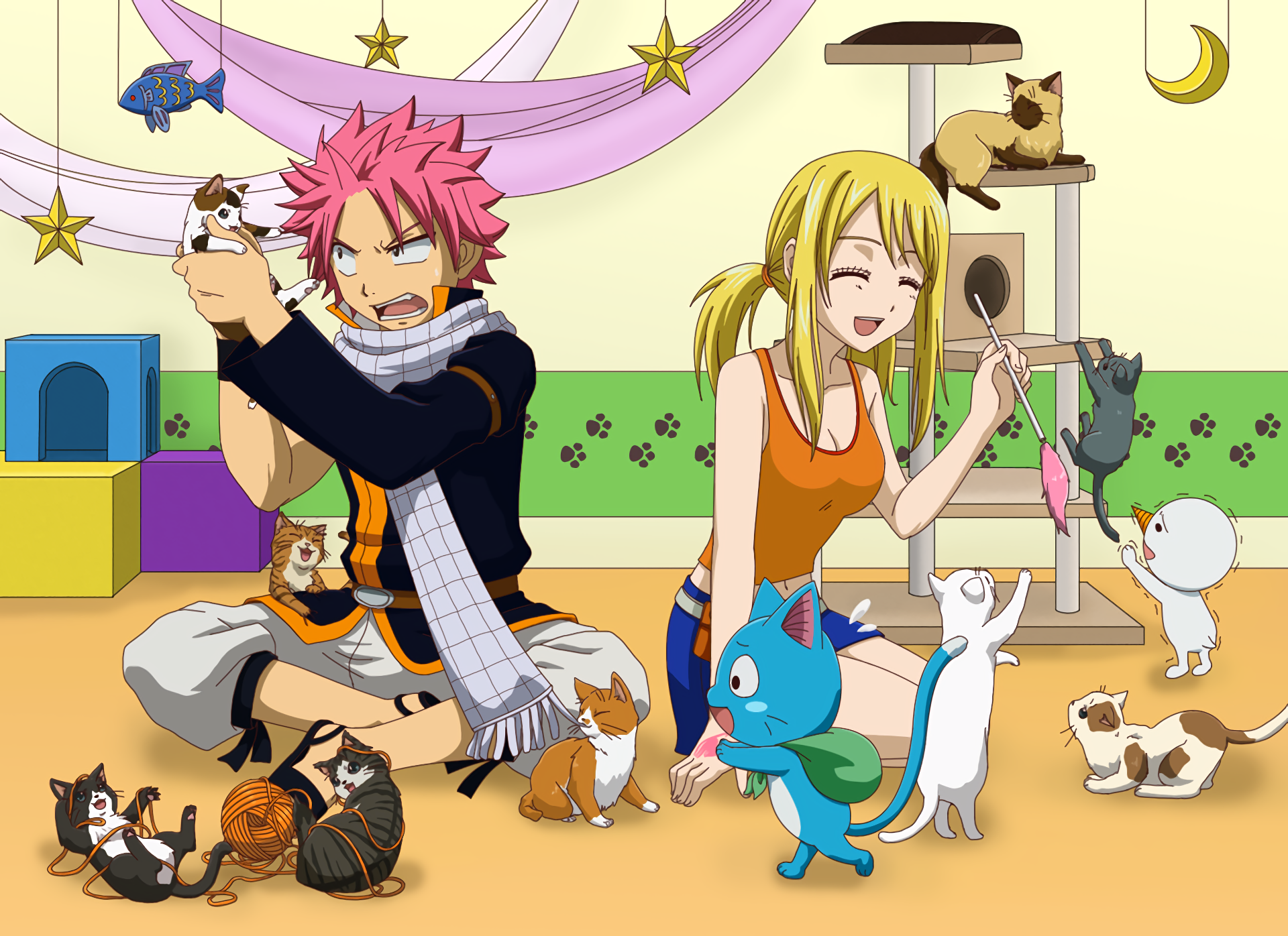Natsu and Lucy with Cats from Fairy Tail HD Wallpaper