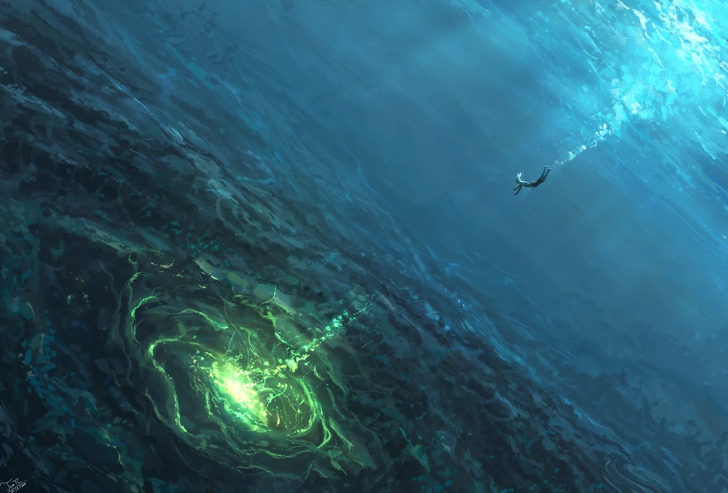 Person diving into a glowing underwater abyss HD Wallpaper