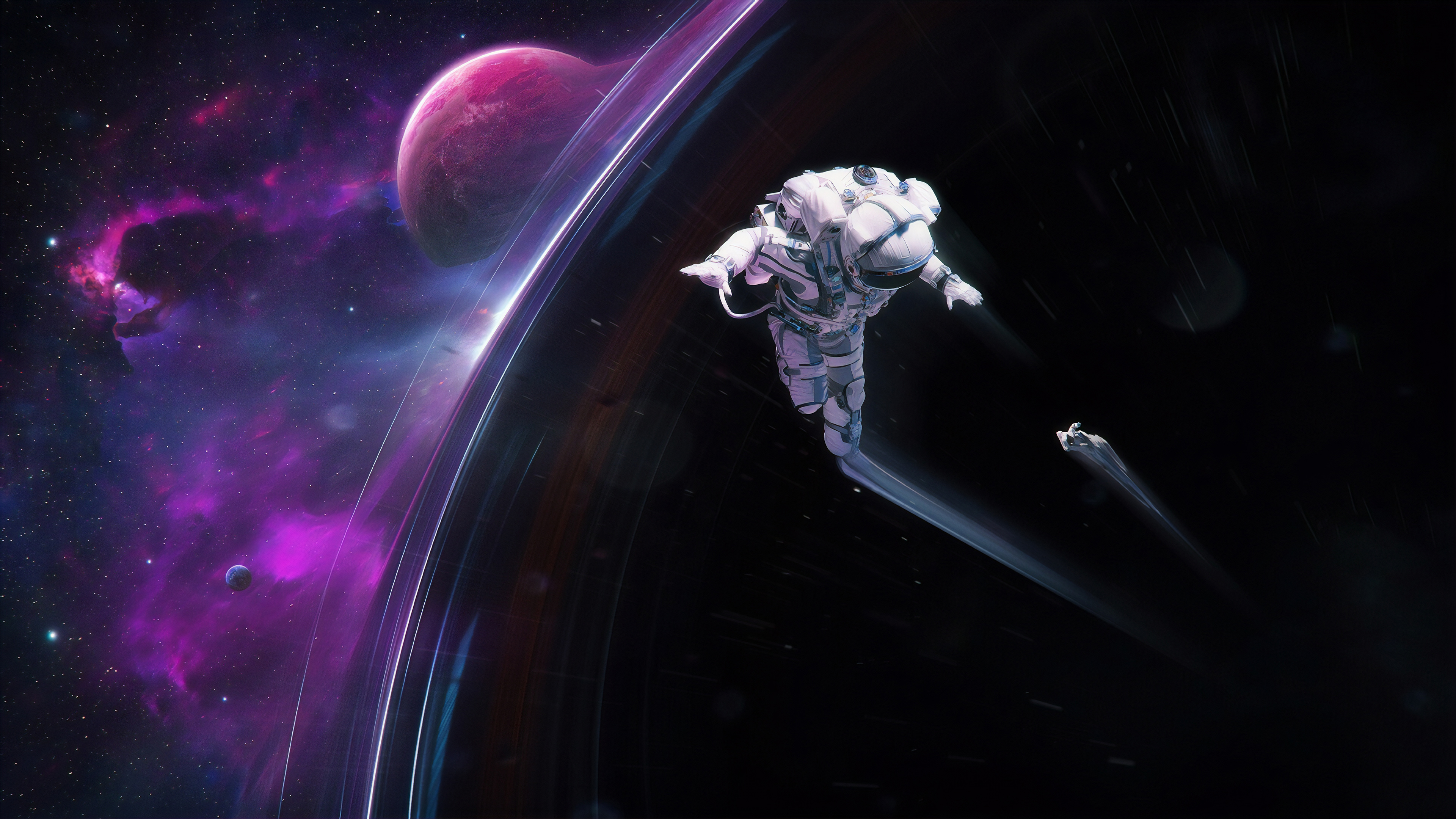 Astronauts in a colorful nebula with a ringed planet HD Wallpaper
