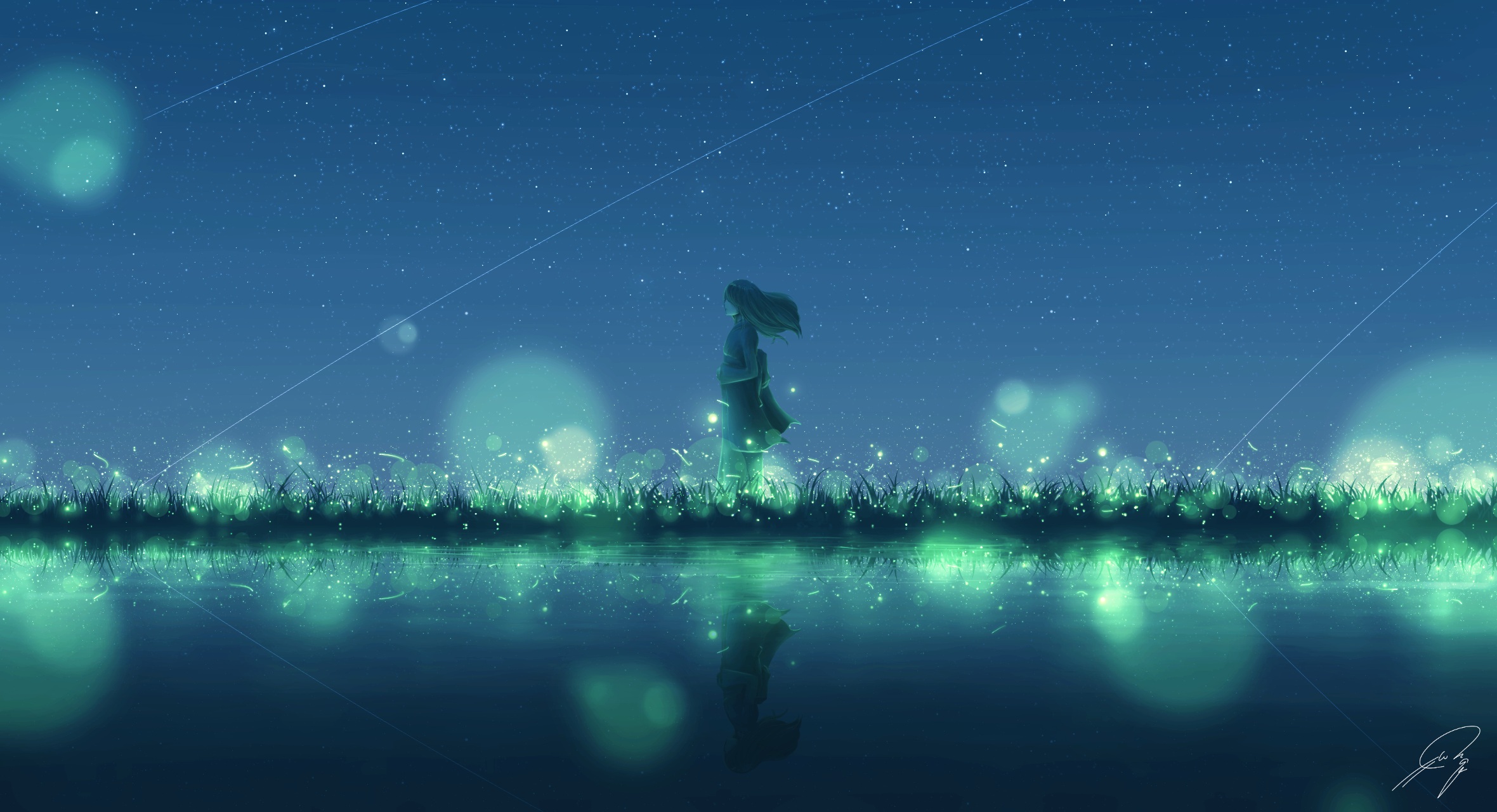 Girl standing in a field of glowing grass at night HD Wallpaper