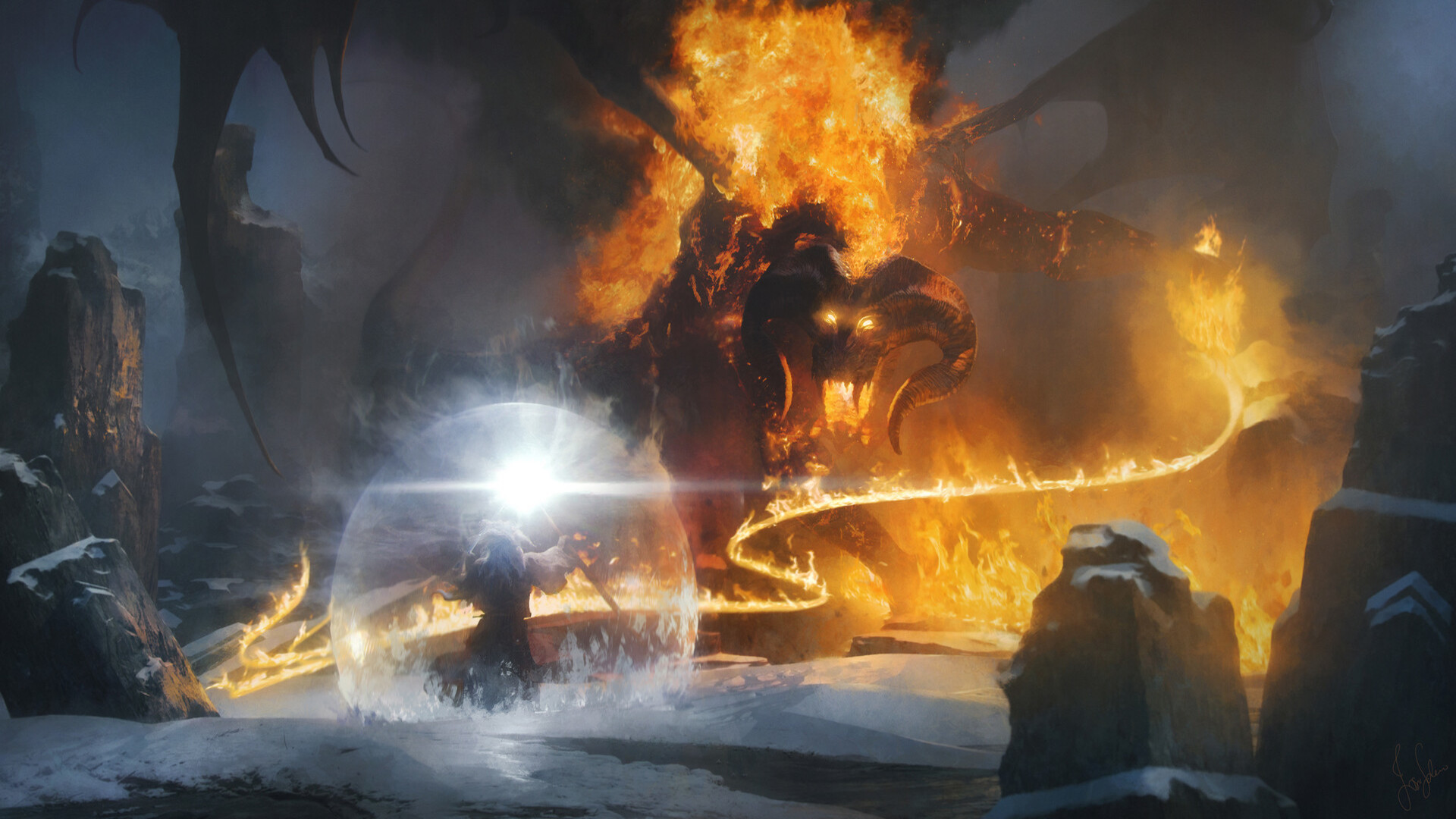 Balrog fighting Gandalf on the Bridge of Khazad-dûm HD Wallpaper