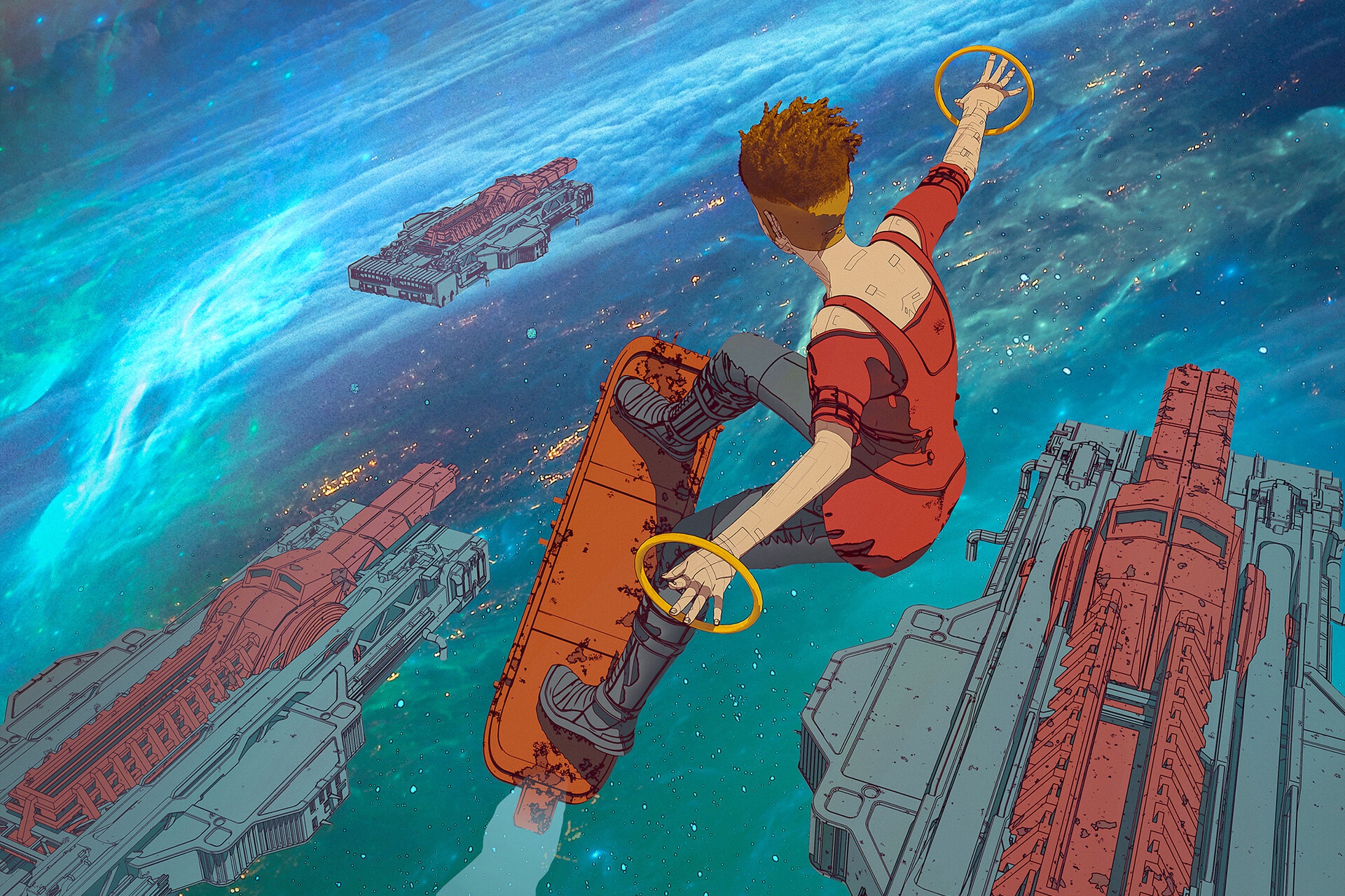 Person snowboarding in space with spaceships HD Wallpaper