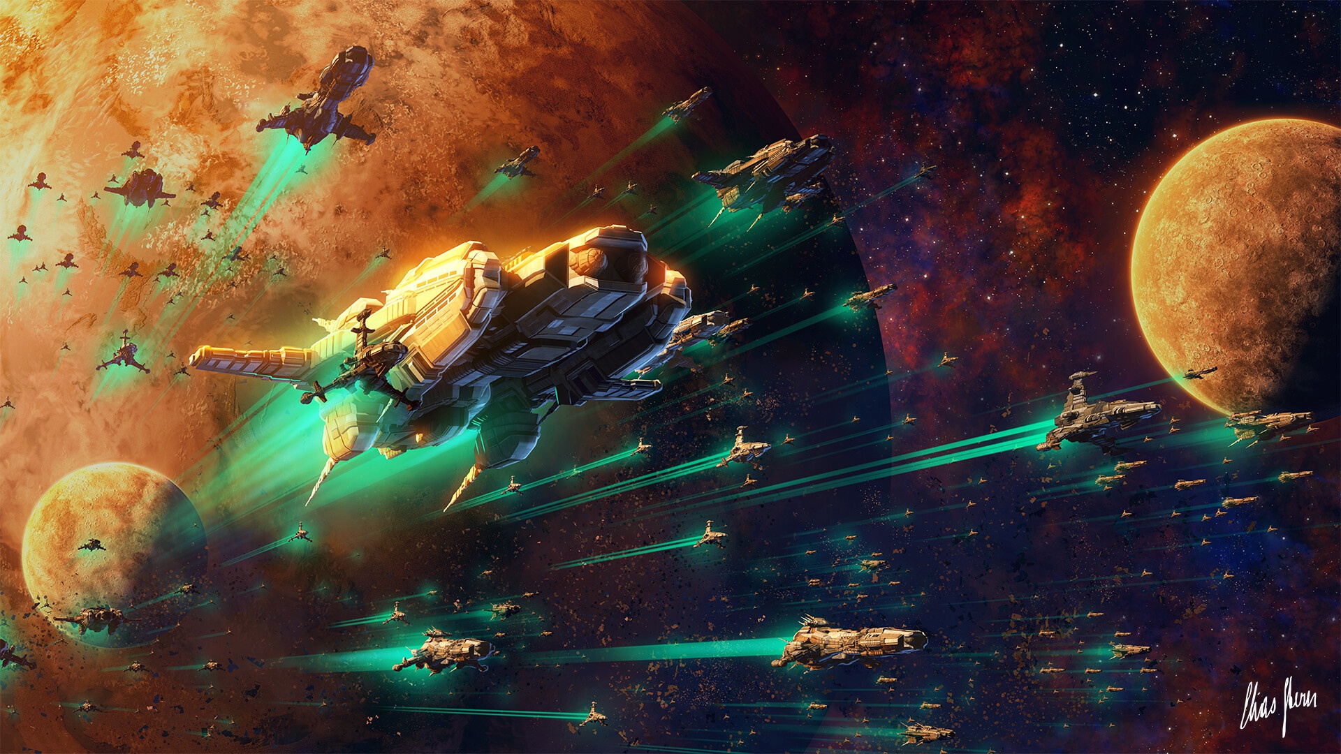 Massive space fleet battle near planets HD Wallpaper