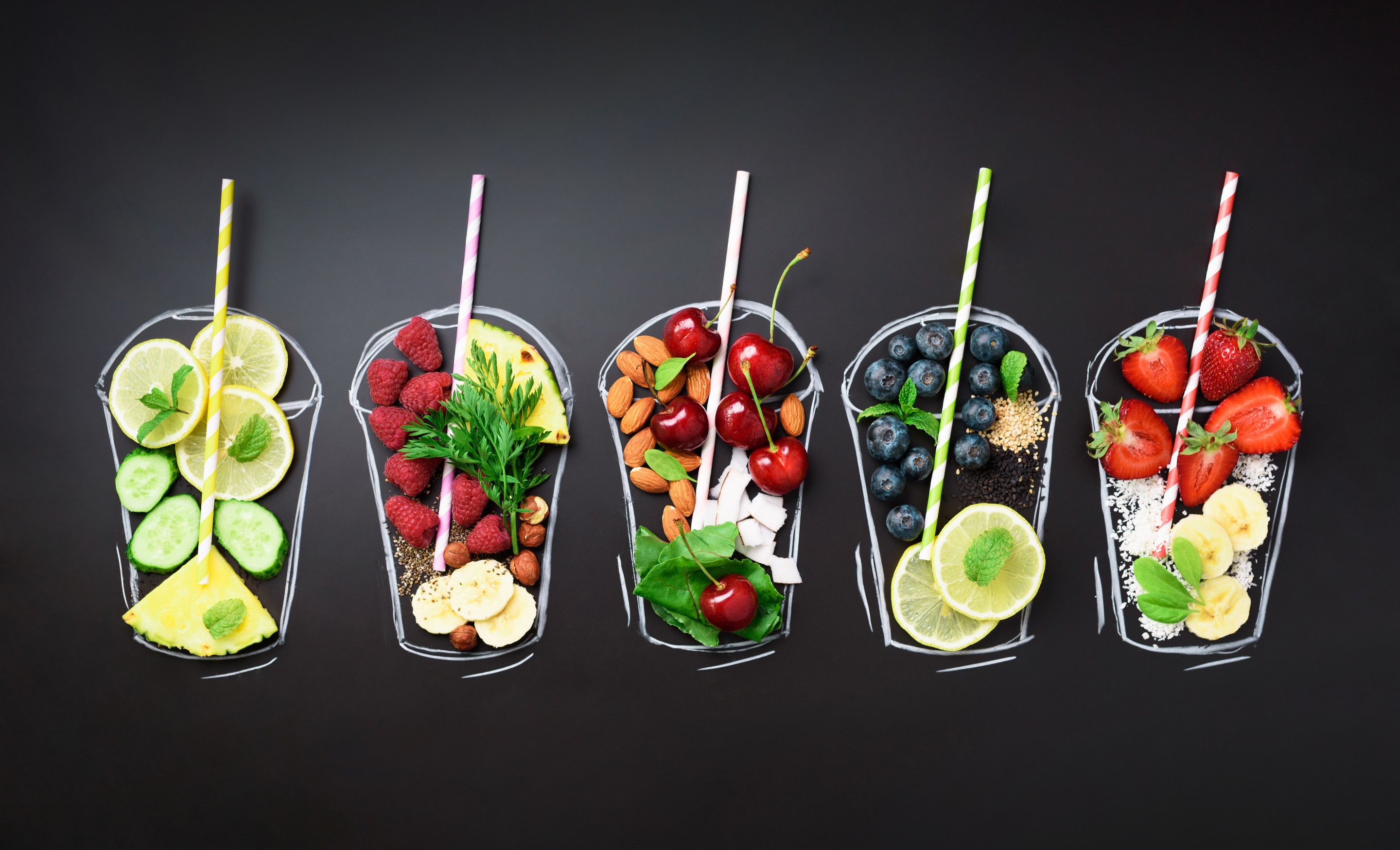 Five chalk-drawn smoothies with fresh fruit and vegetables HD Wallpaper