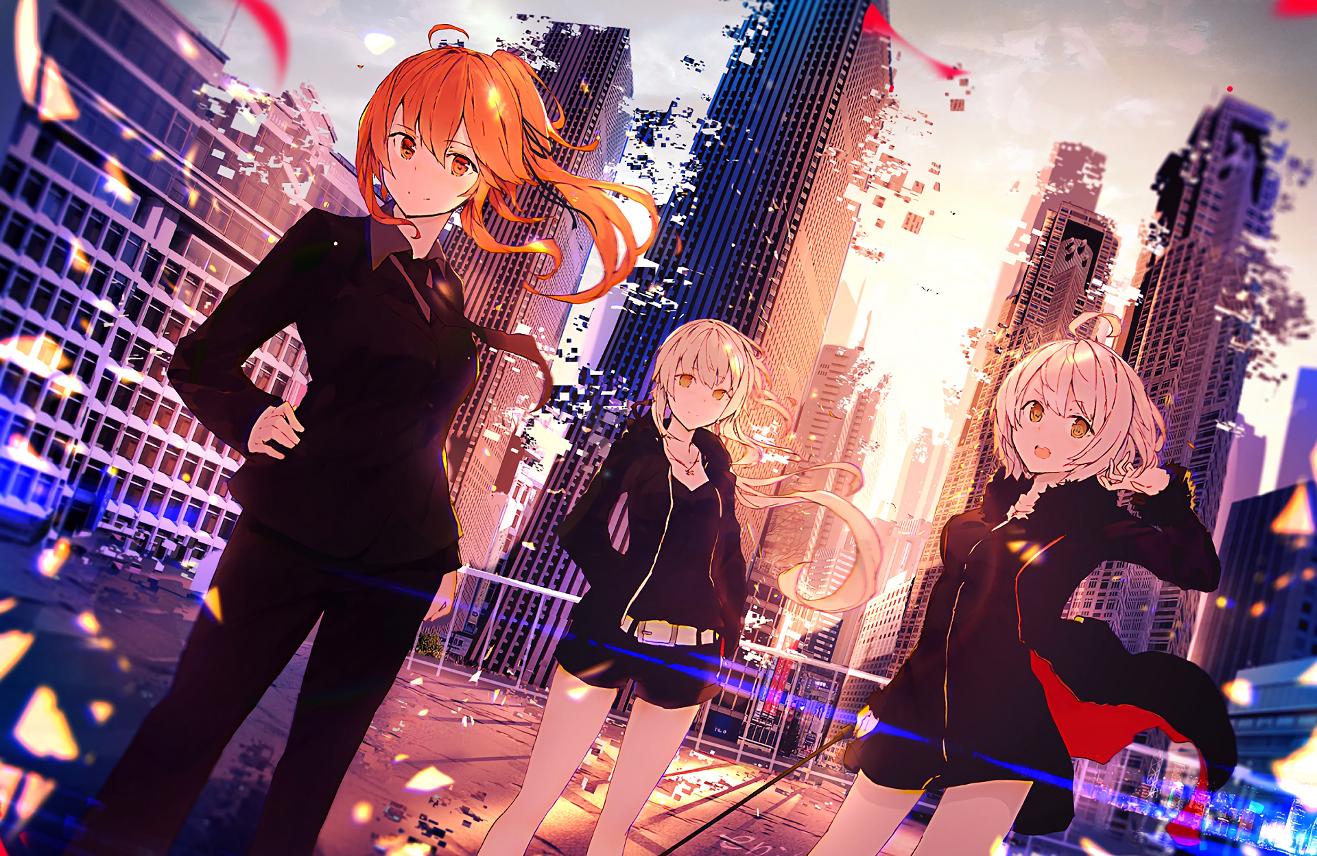 Three anime girls in a futuristic city HD Wallpaper