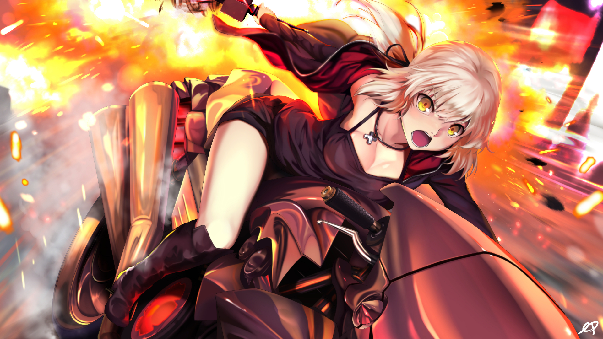 Saber Alter on a motorcycle with explosions HD Wallpaper