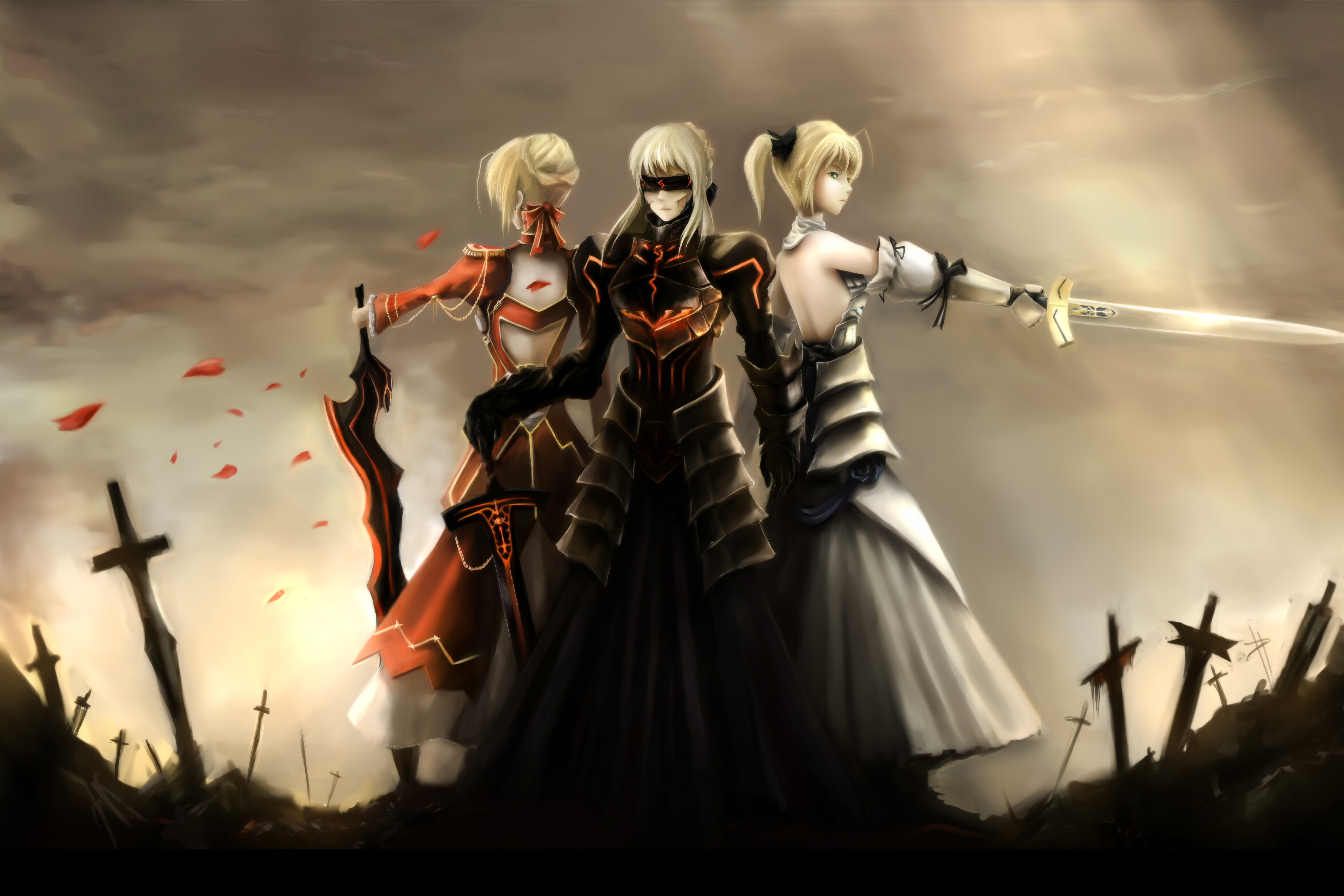 Saber Alter and two other female knights with swords HD Wallpaper