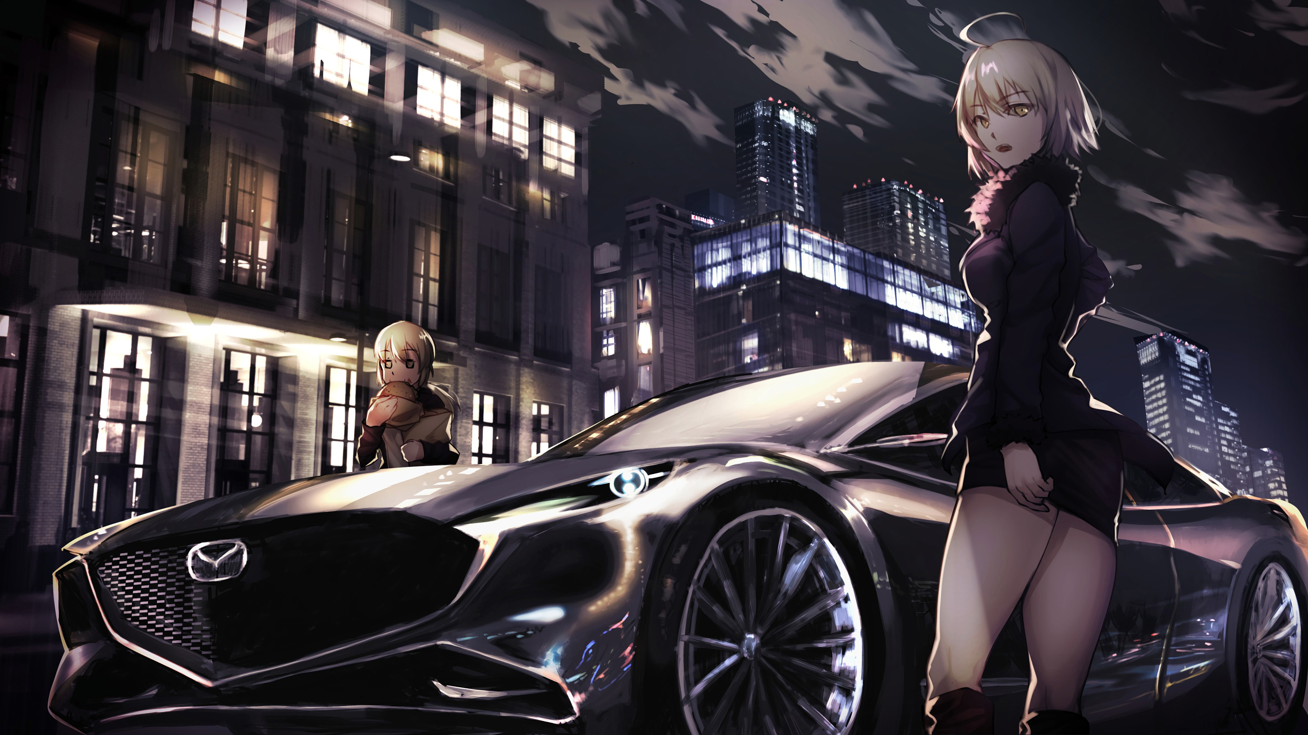 Saber Alter with a car in a city at night HD Wallpaper