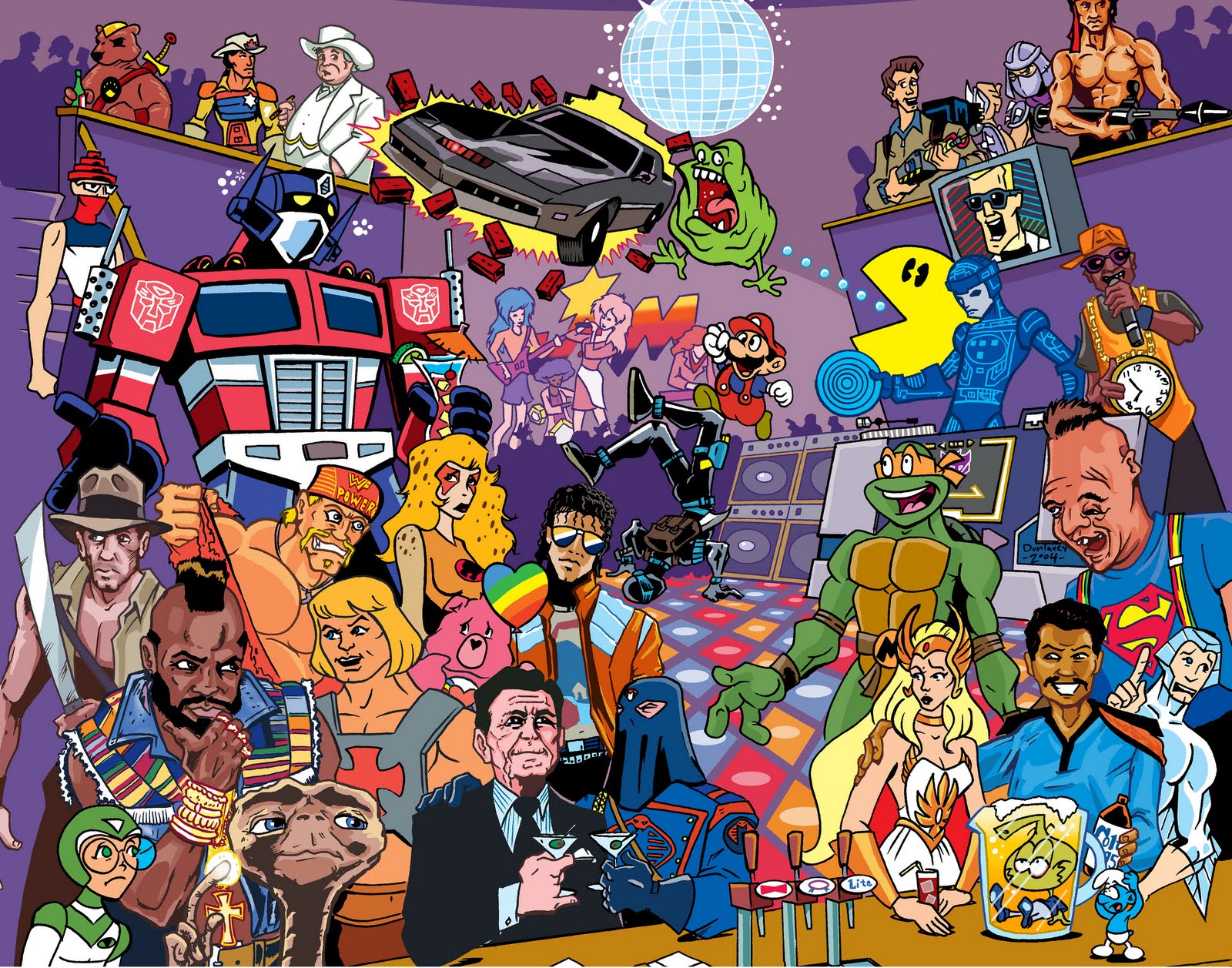 80s and 90s characters at a disco party HD Wallpaper