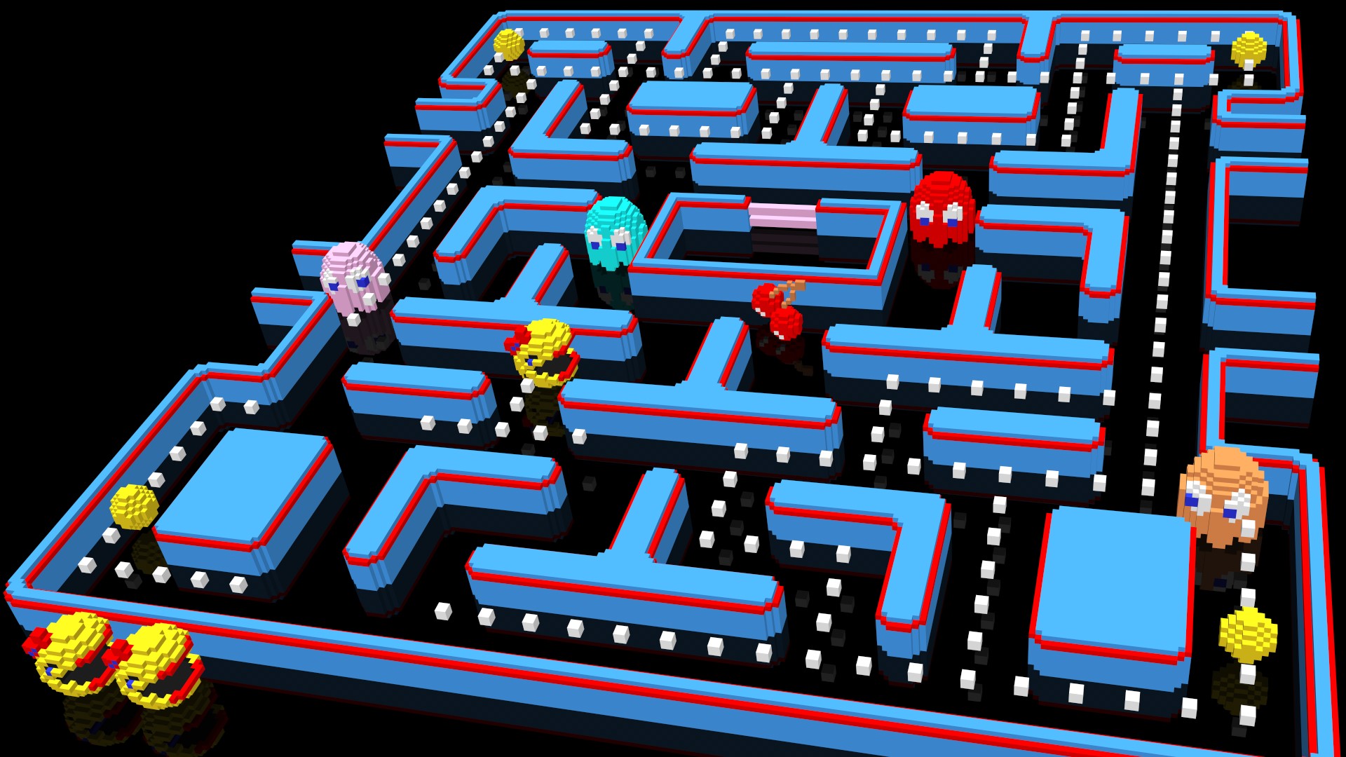 Pac-Man maze with ghosts and cherries HD Wallpaper