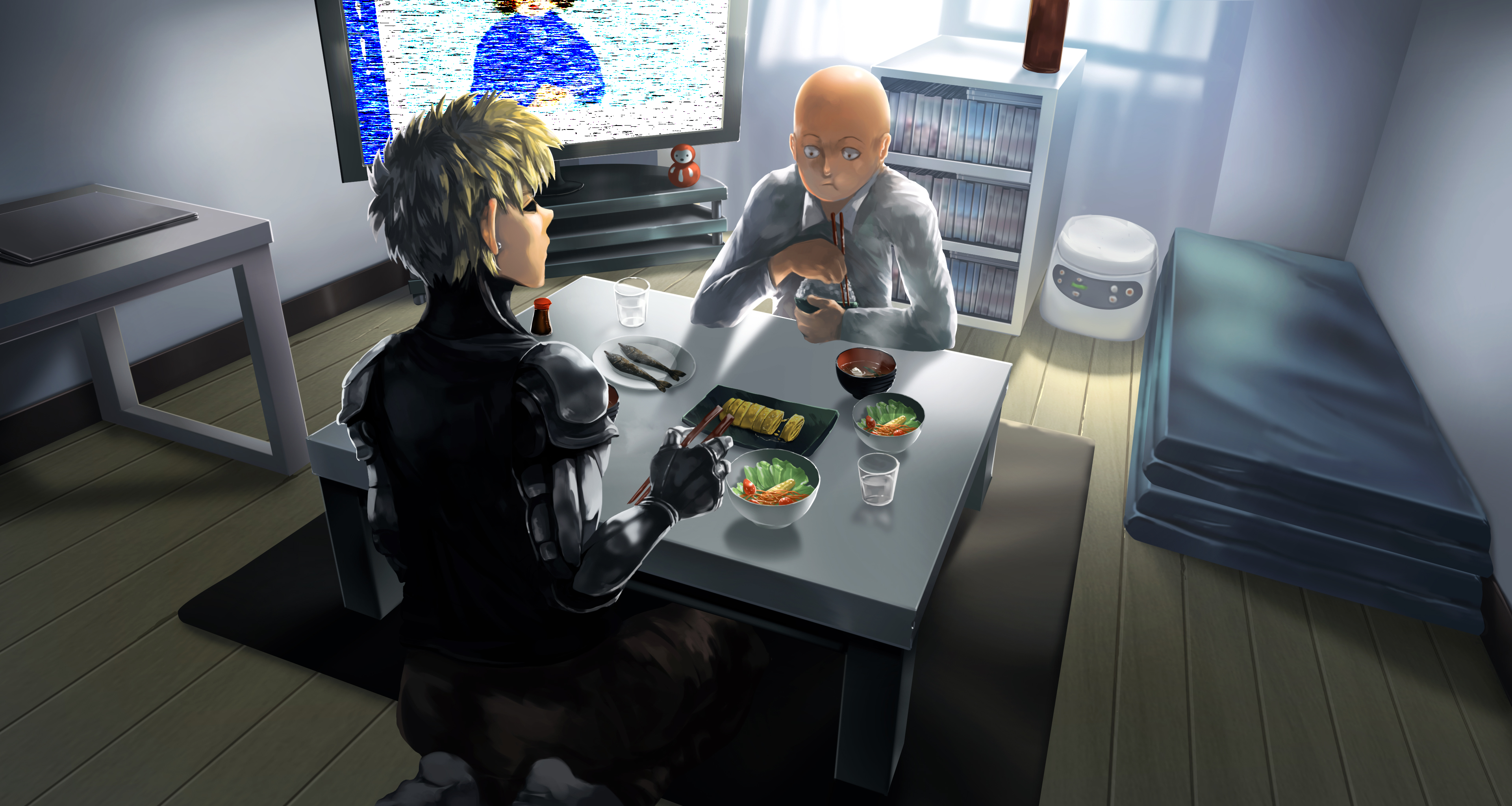 Genos and Saitama from One-Punch Man eating dinner HD Wallpaper