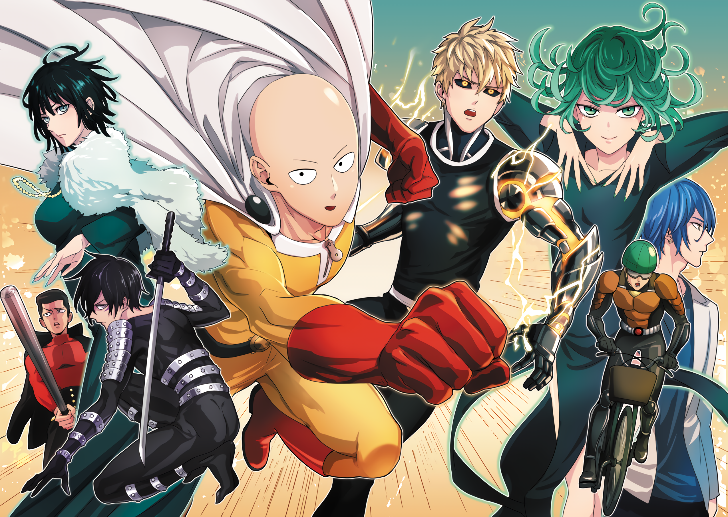 One-Punch Man characters Saitama, Genos, Tatsumaki, Fubuki, and others HD Wallpaper