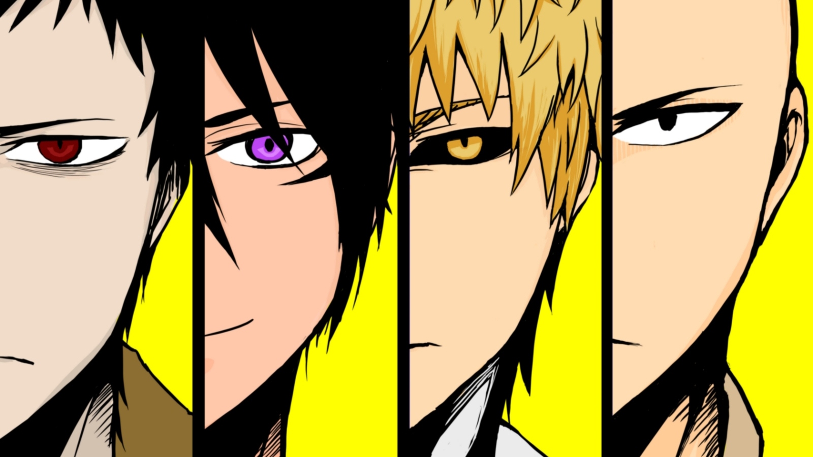 Four anime characters with distinct eyes on a yellow background HD Wallpaper