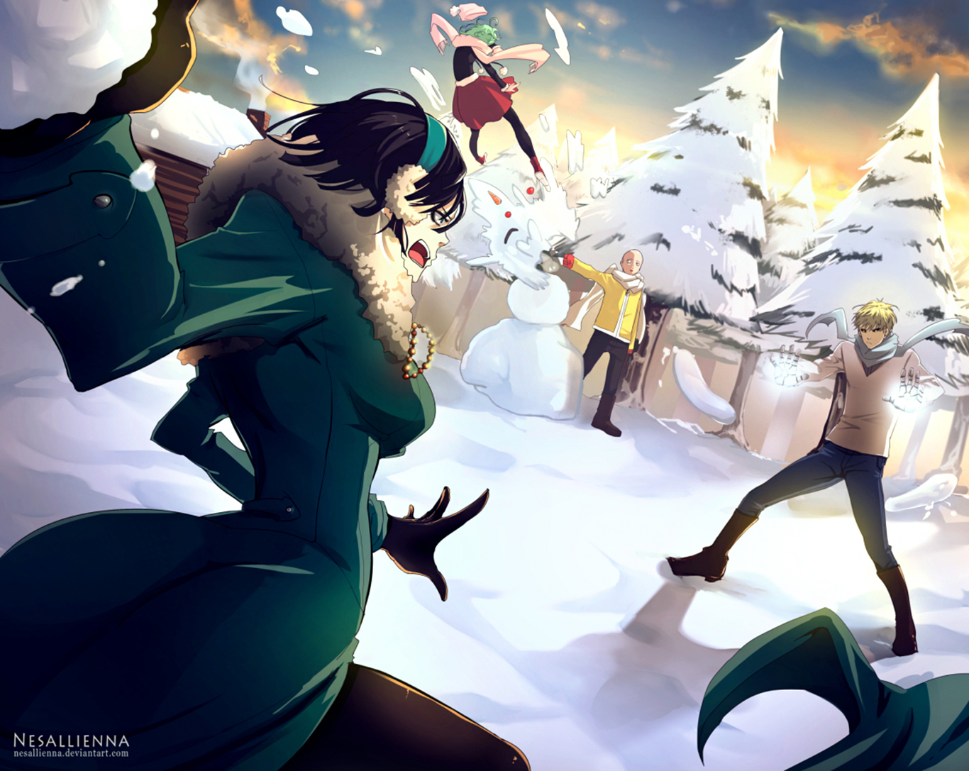 Fubuki, Genos, Saitama, and Tatsumaki in a Snow Fight HD Wallpaper