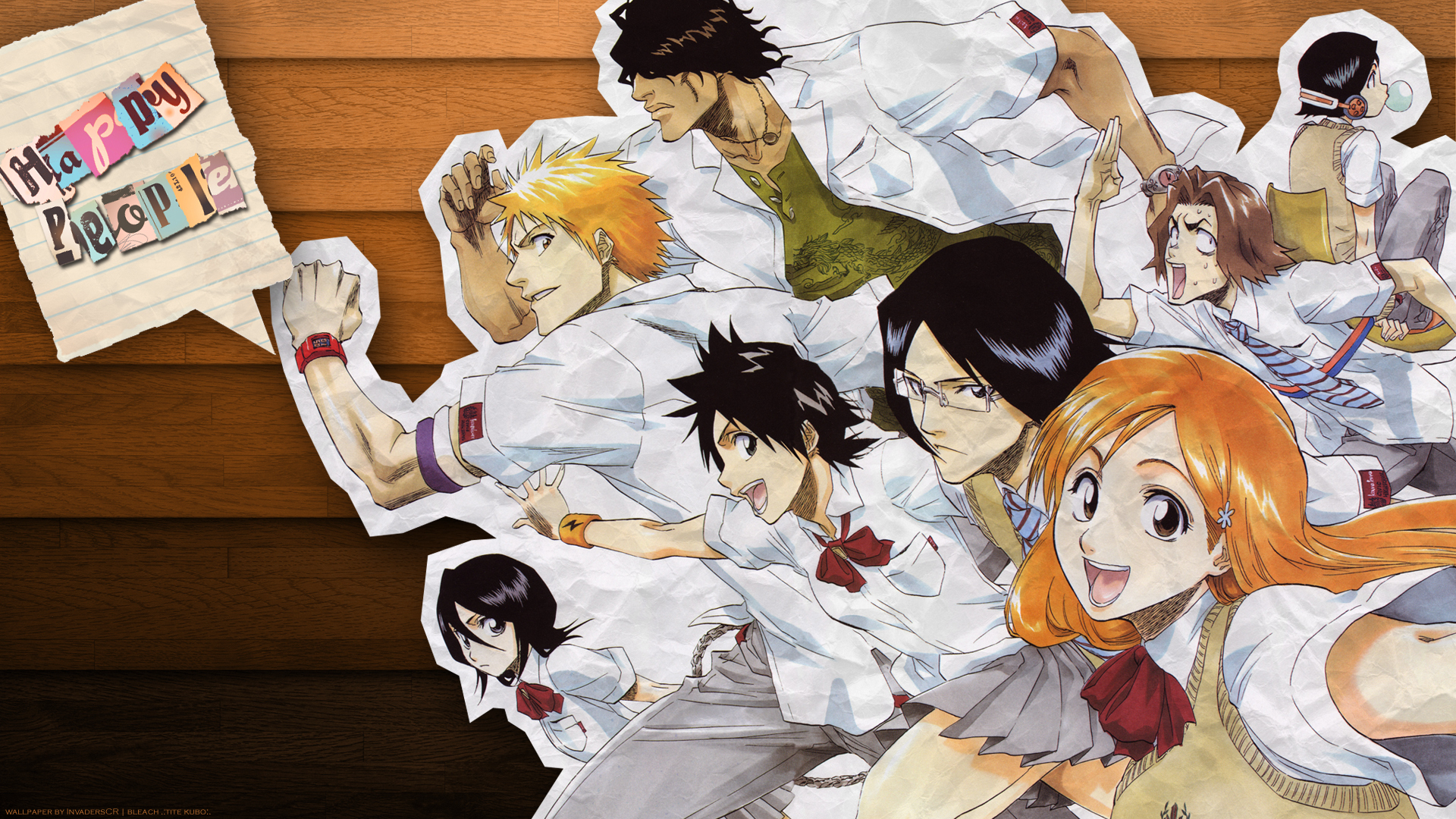Bleach characters on a wooden background HD Wallpaper