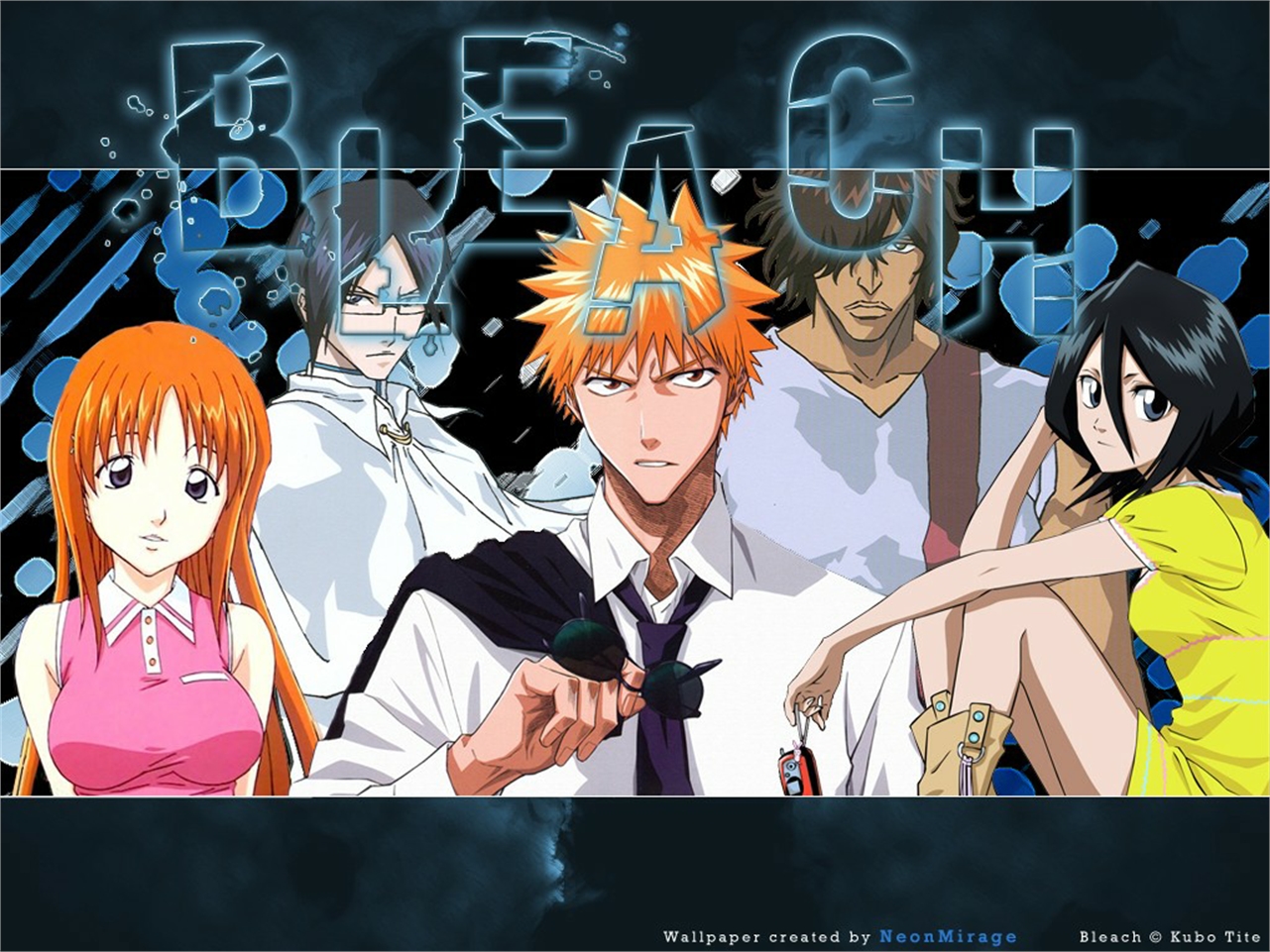 Bleach characters Ichigo, Rukia, Orihime, Uryu, and Chad HD Wallpaper