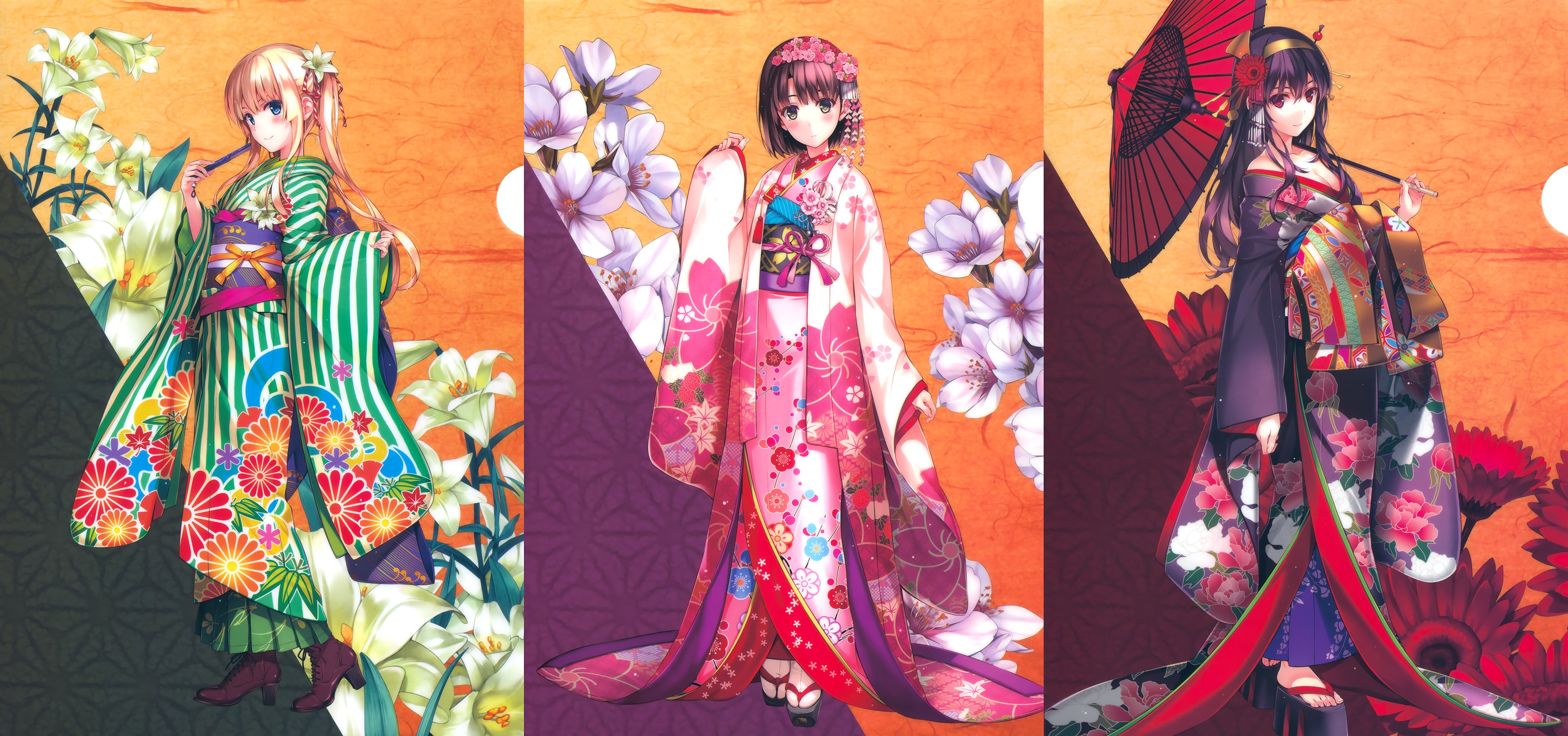 Three anime girls in kimonos HD Wallpaper