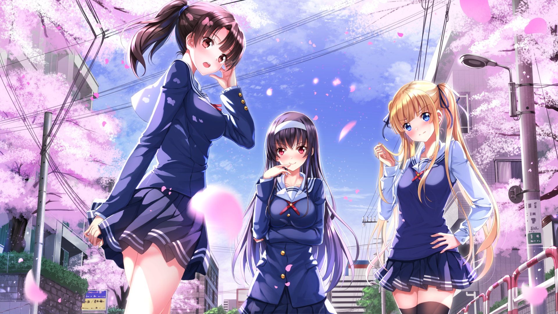 Megumi Katou and friends under cherry blossoms HD Wallpaper