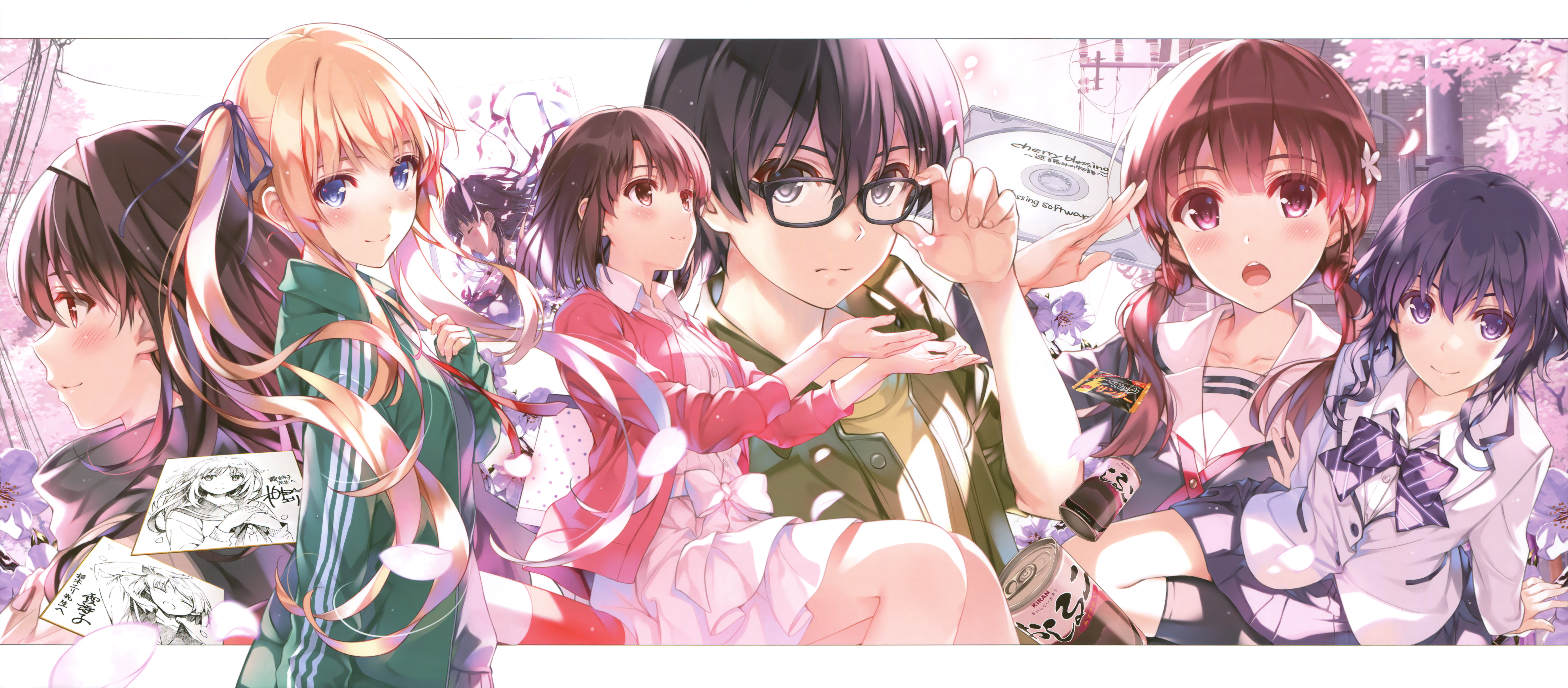 Megumi Katou and friends with cherry blossoms HD Wallpaper