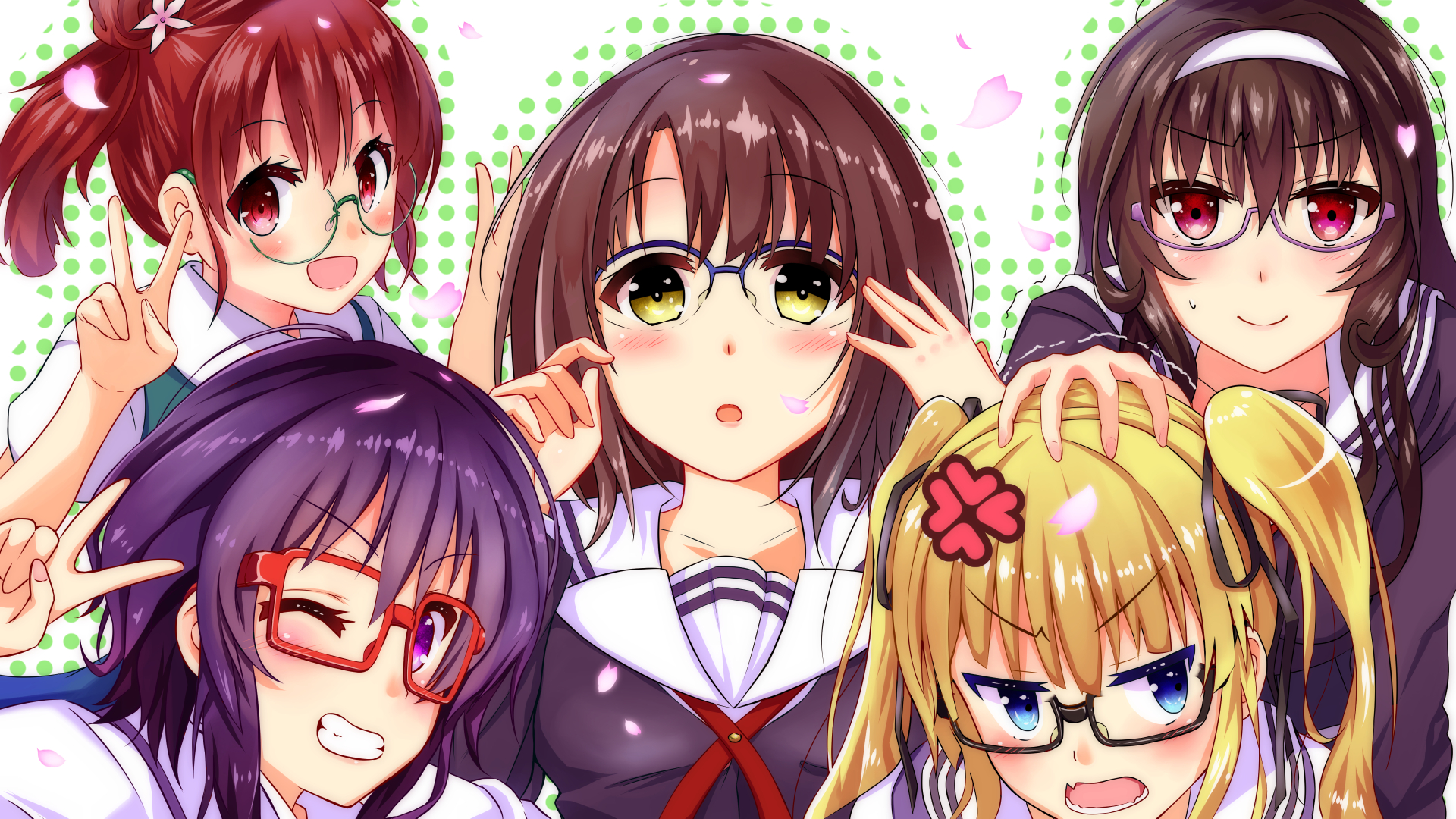 Five anime girls wearing glasses HD Wallpaper