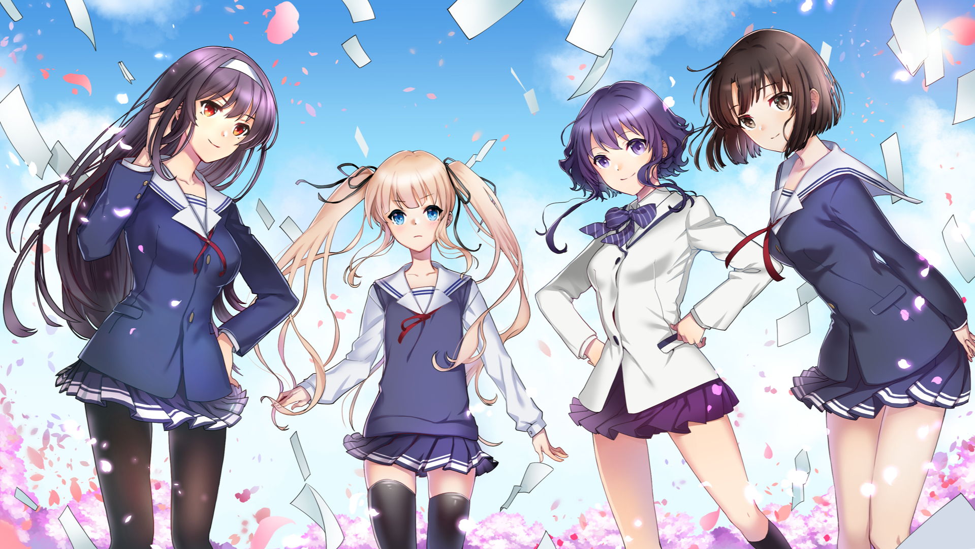 Four girls in school uniforms with falling petals HD Wallpaper