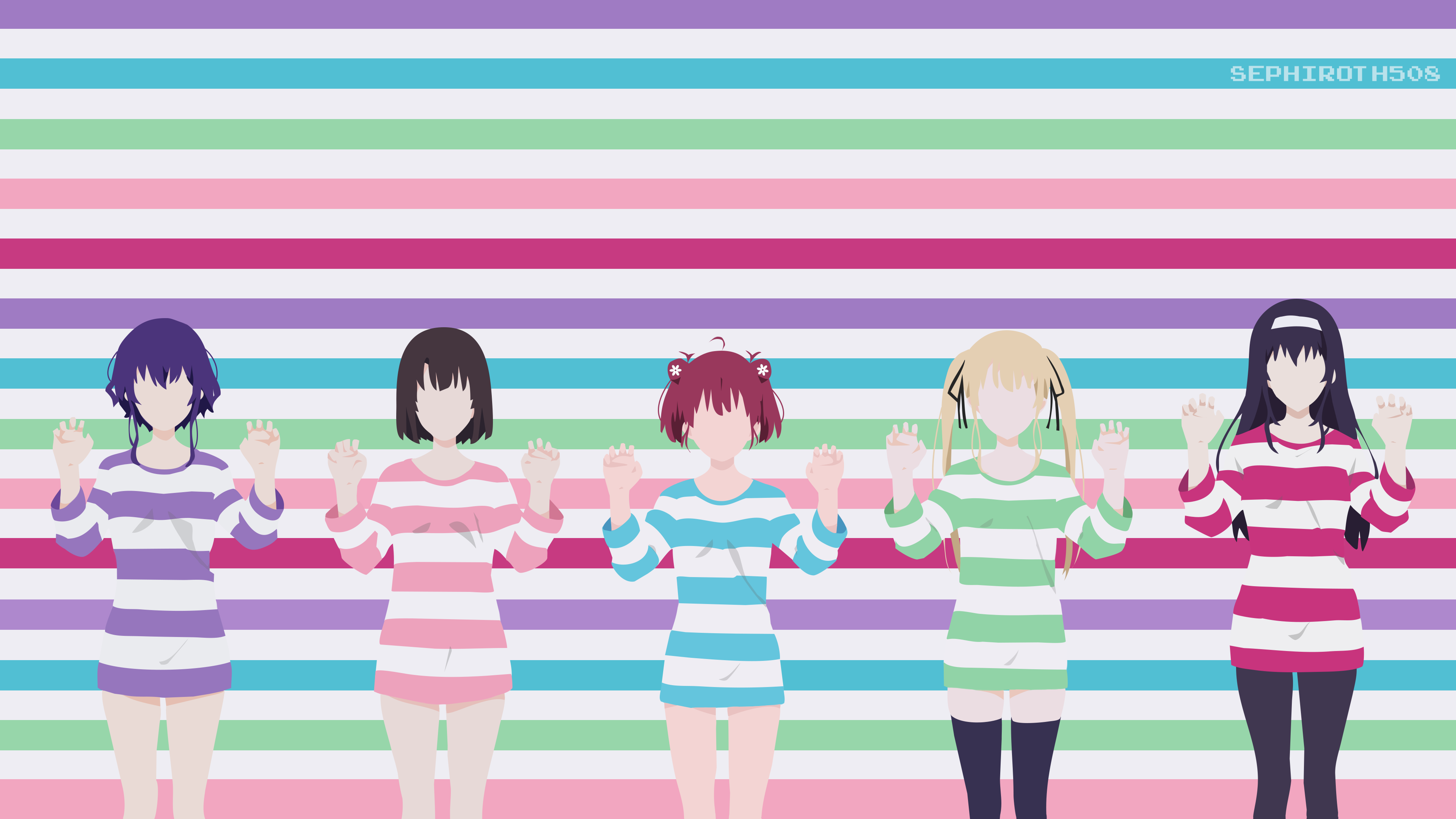 Five anime girls in striped shirts HD Wallpaper