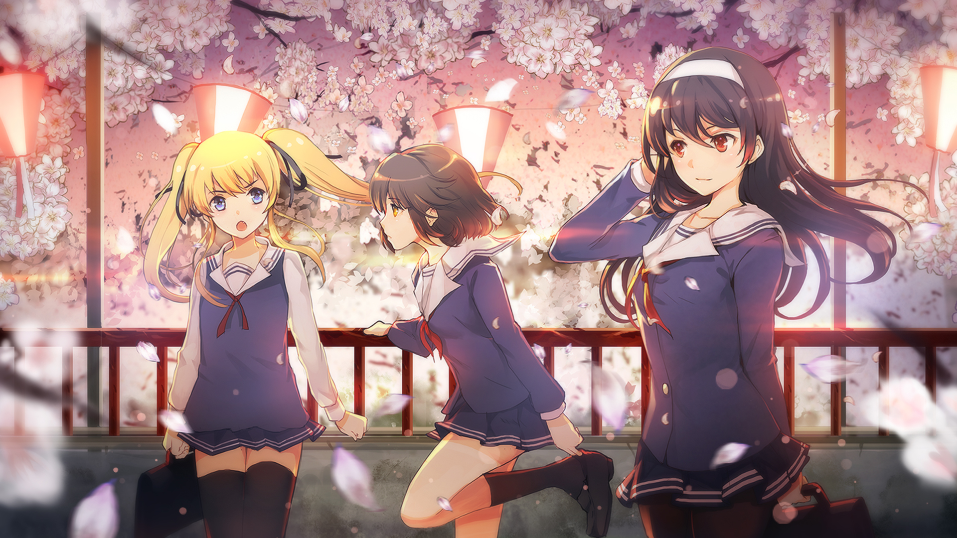 Megumi Kato and friends under cherry blossoms HD Wallpaper