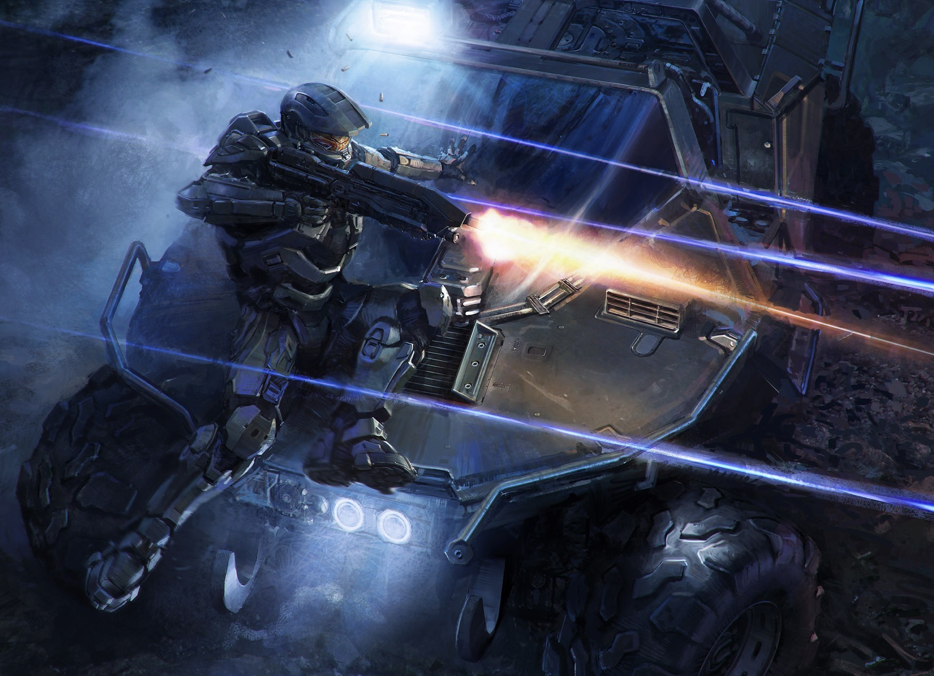 Master Chief firing weapon from Warthog HD Wallpaper