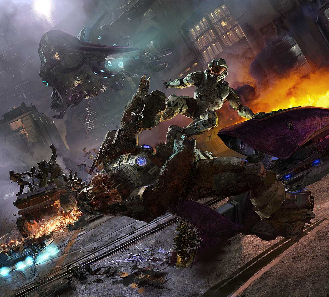 Master Chief fighting Covenant in a city HD Wallpaper