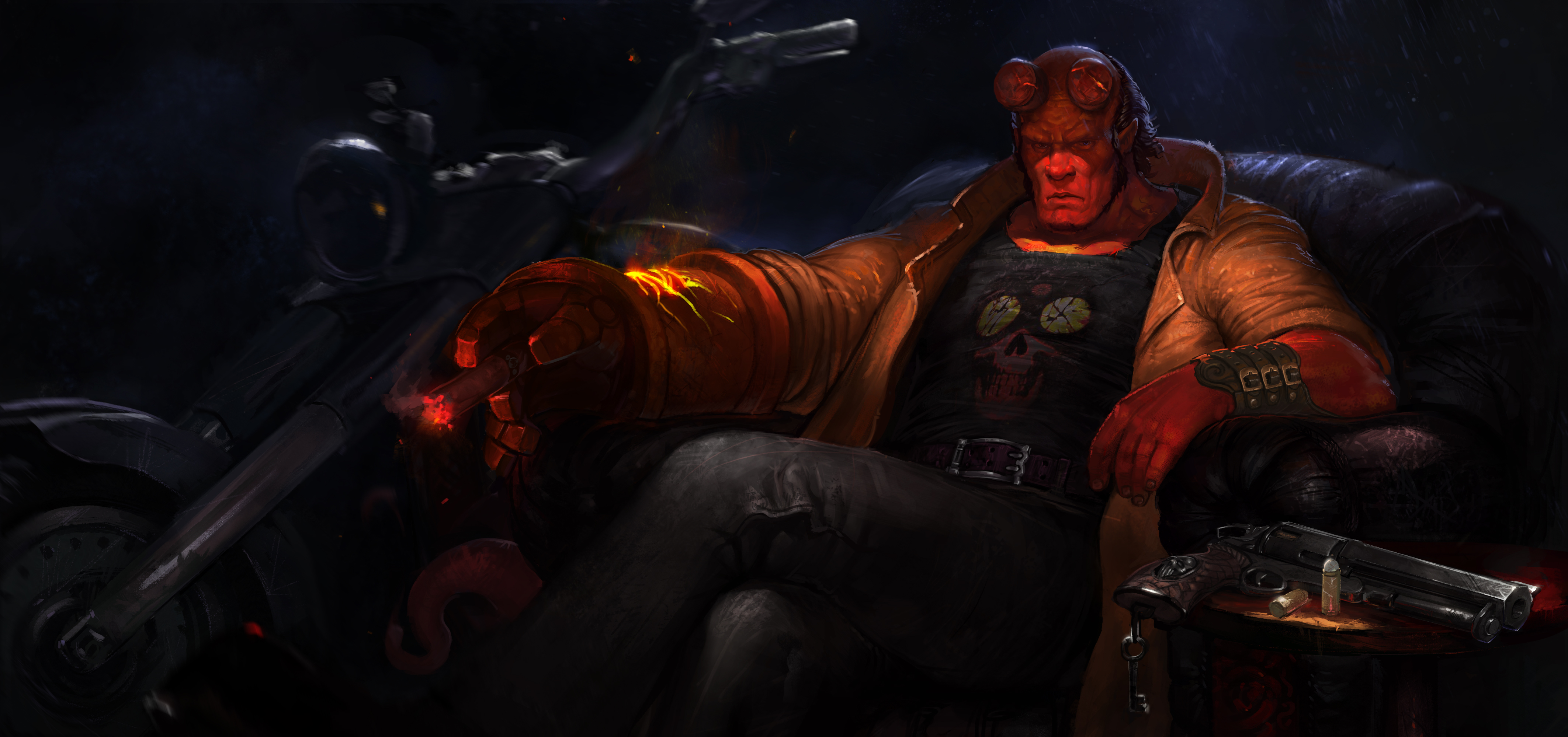 Hellboy sitting with a motorcycle and gun HD Wallpaper