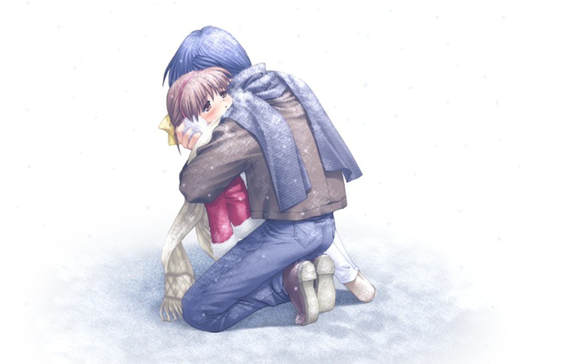 Tomoya Okazaki hugging a girl in the snow HD Wallpaper