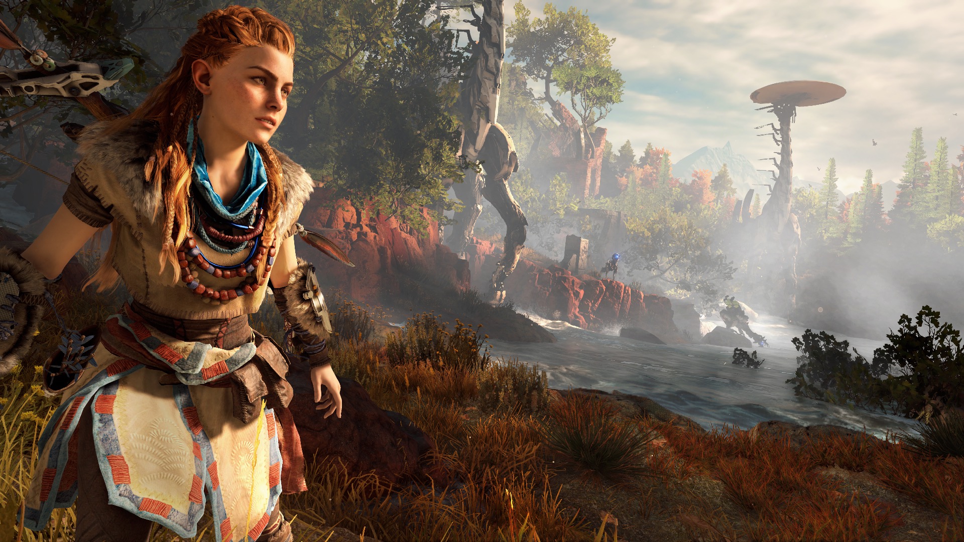 Aloy from Horizon Zero Dawn in a forest landscape HD Wallpaper