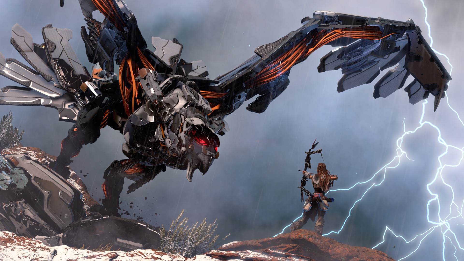 Aloy from Horizon Zero Dawn fights a mechanical bird HD Wallpaper