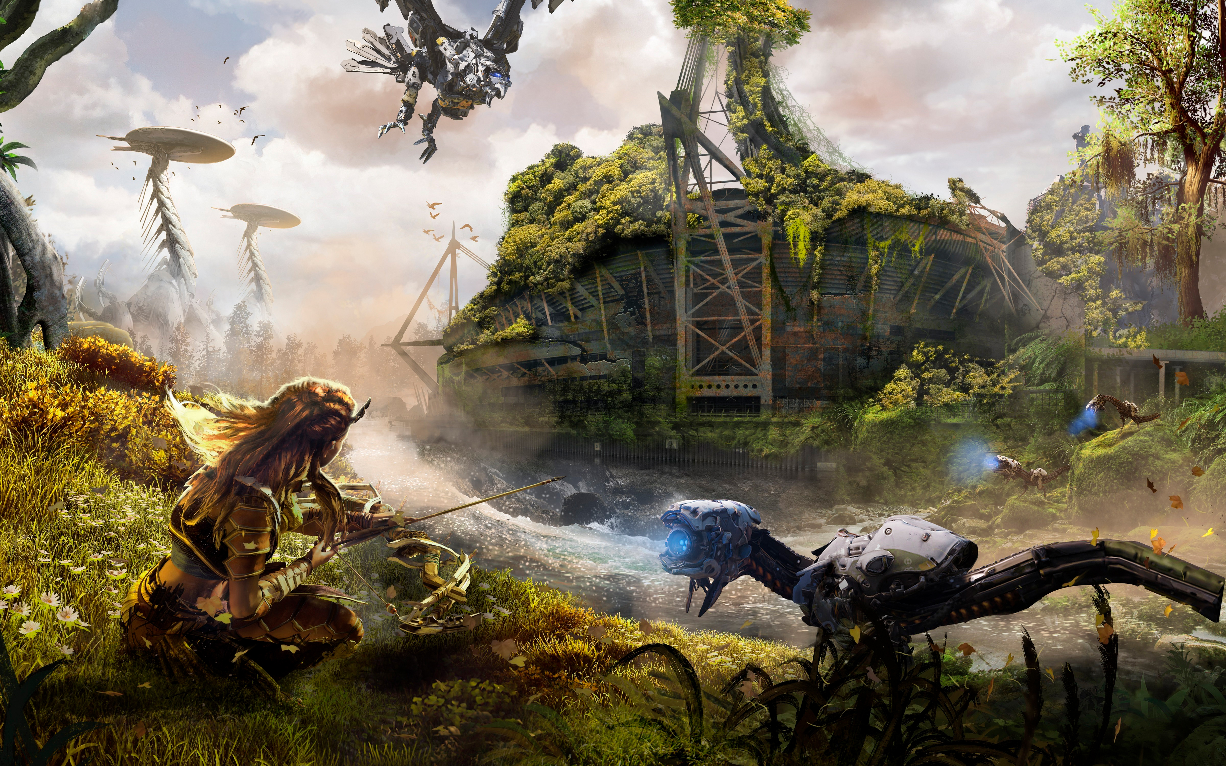Aloy from Horizon Zero Dawn fishing near machines HD Wallpaper