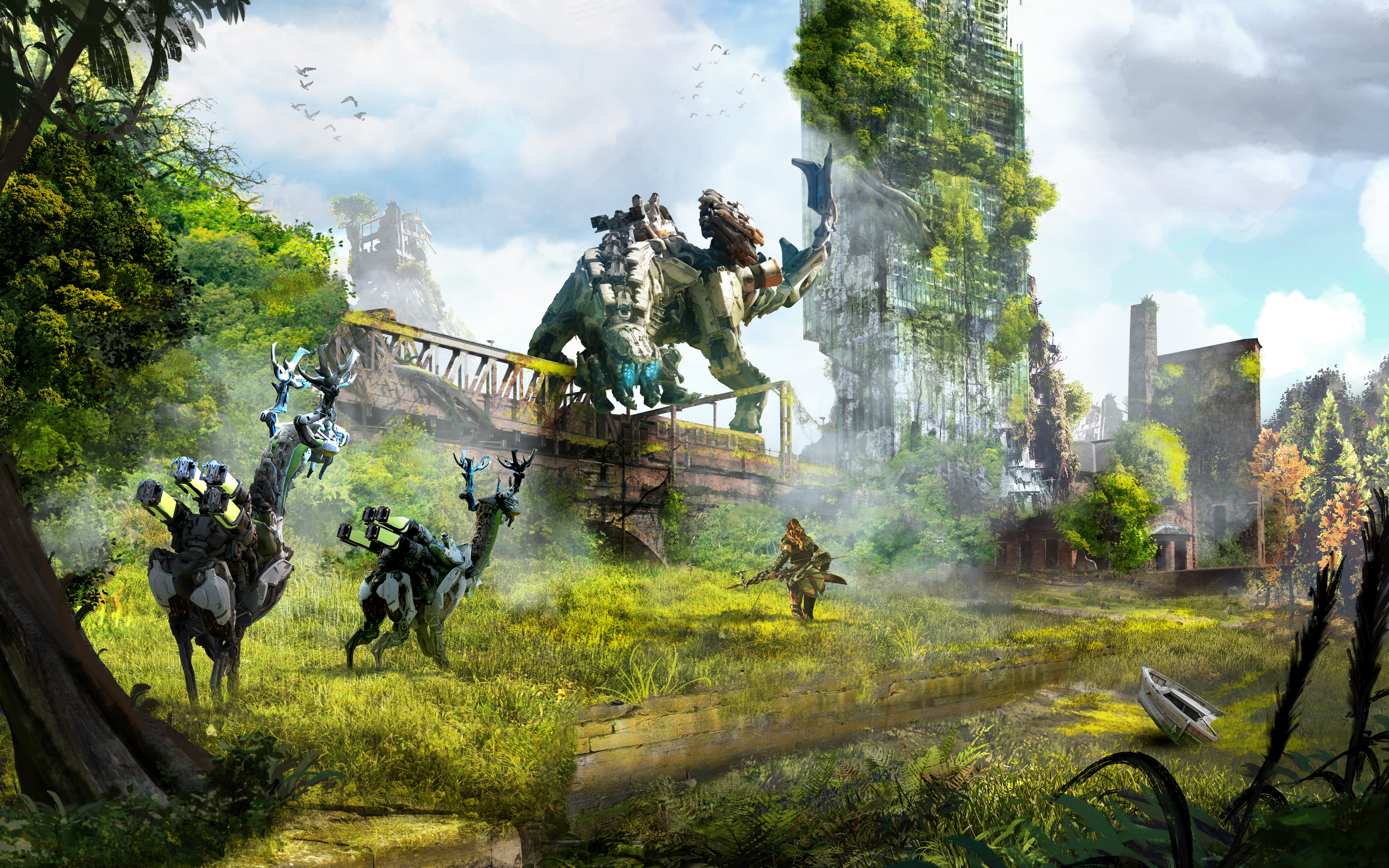 Aloy from Horizon Zero Dawn with robotic creatures HD Wallpaper