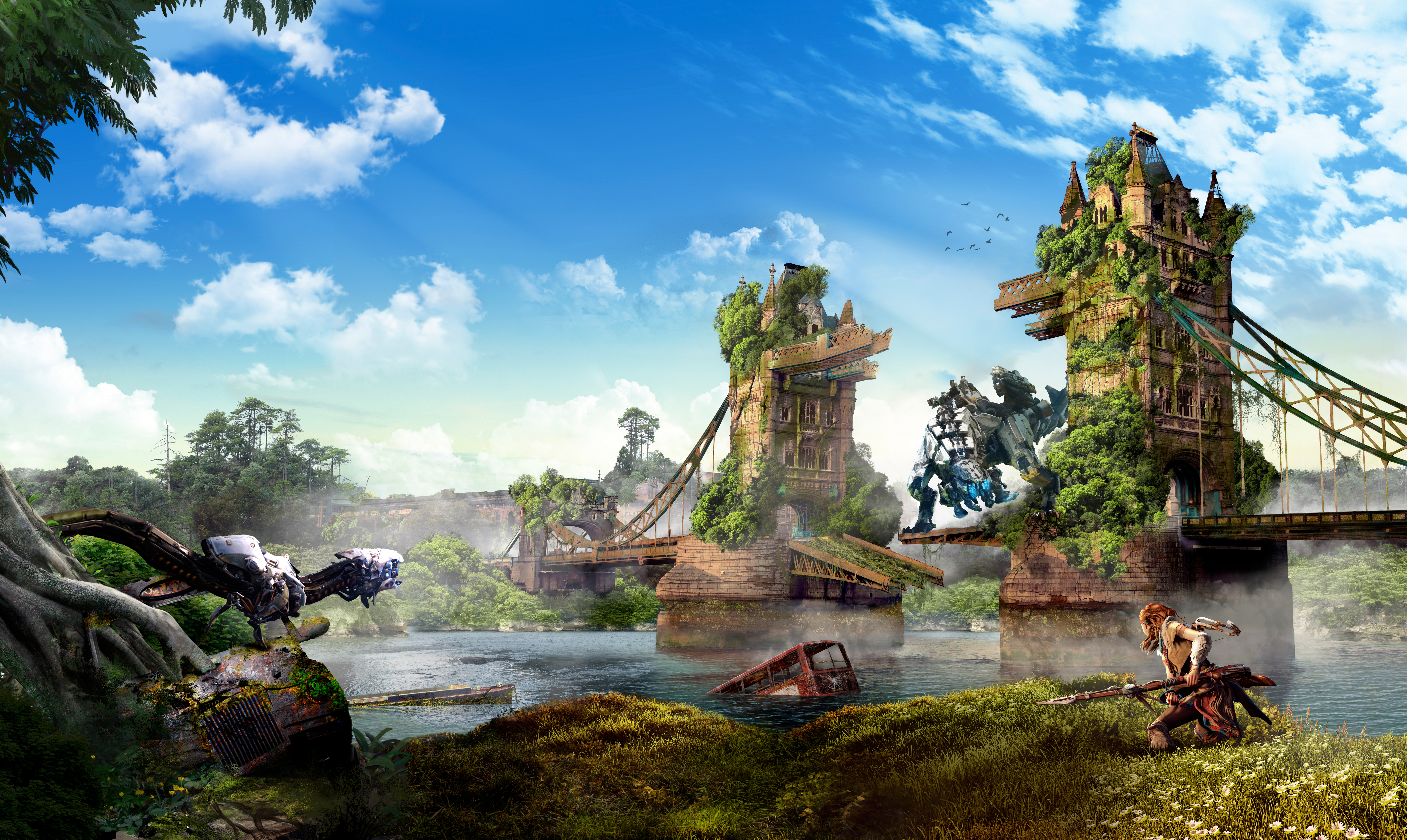 Aloy from Horizon Zero Dawn on a bridge HD Wallpaper