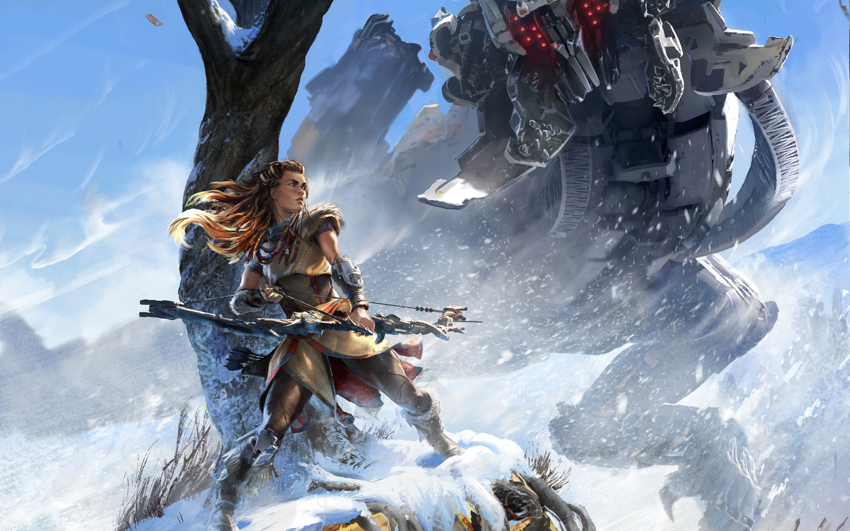 Aloy from Horizon Zero Dawn fighting a machine HD Wallpaper