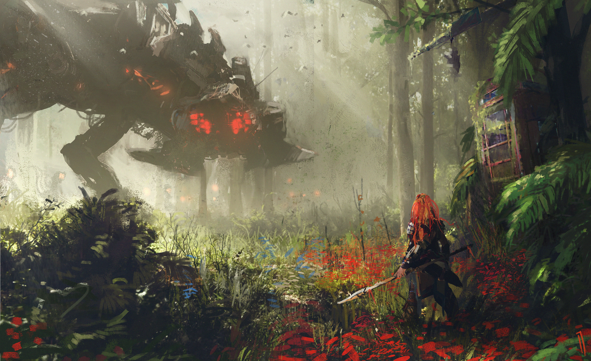Aloy from Horizon Zero Dawn faces a machine in a forest HD Wallpaper