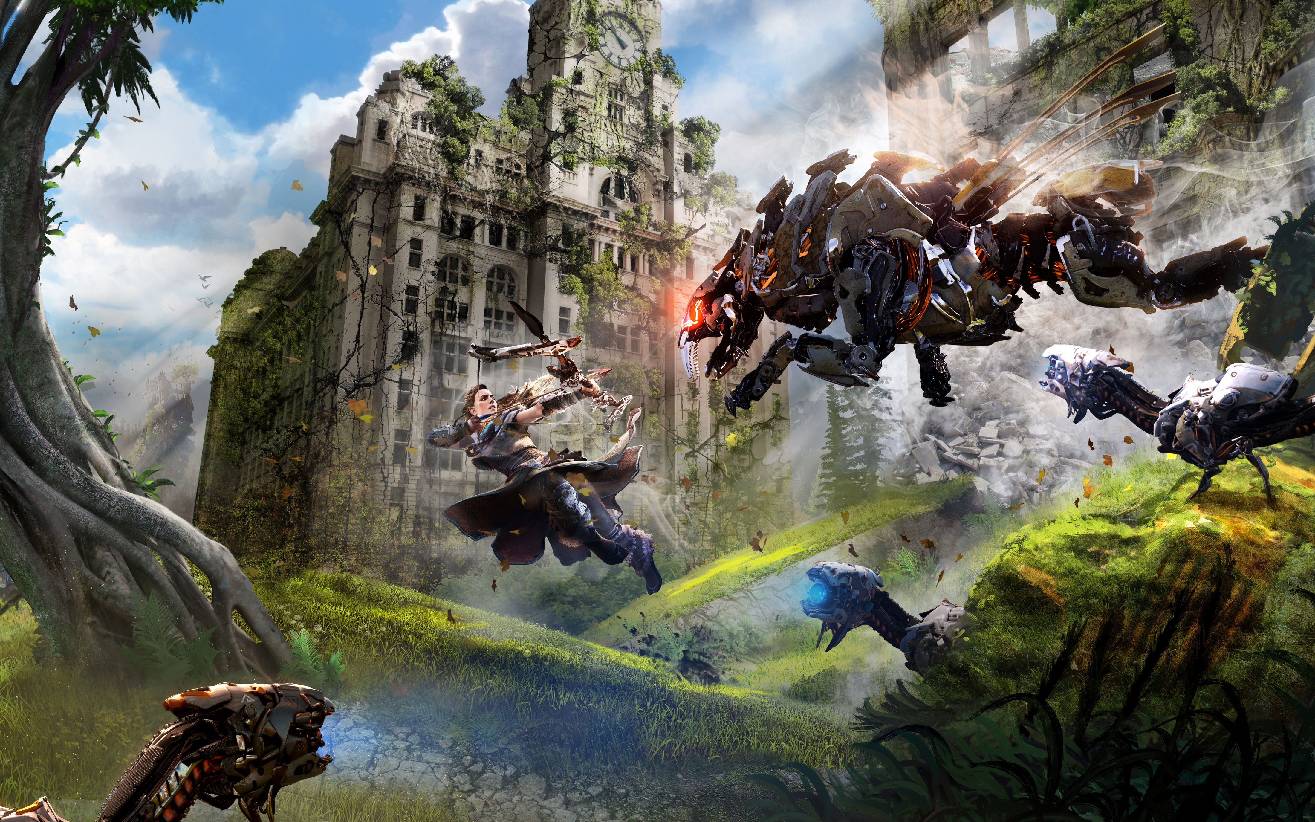 Aloy from Horizon Zero Dawn fighting machines HD Wallpaper