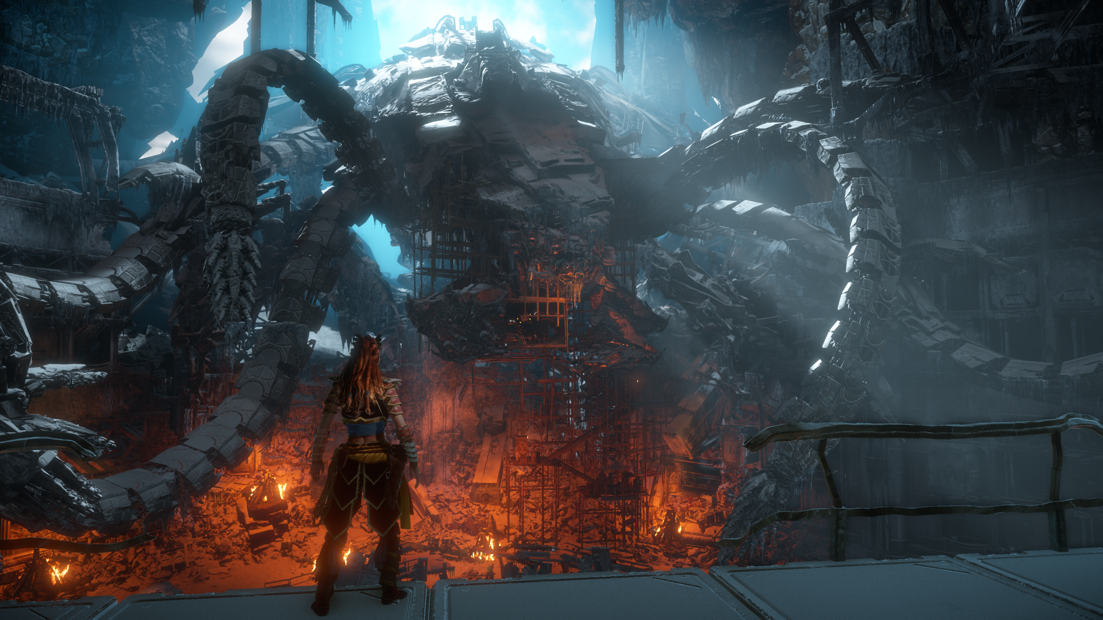 Aloy from Horizon Zero Dawn in a ruined mechanical structure HD Wallpaper