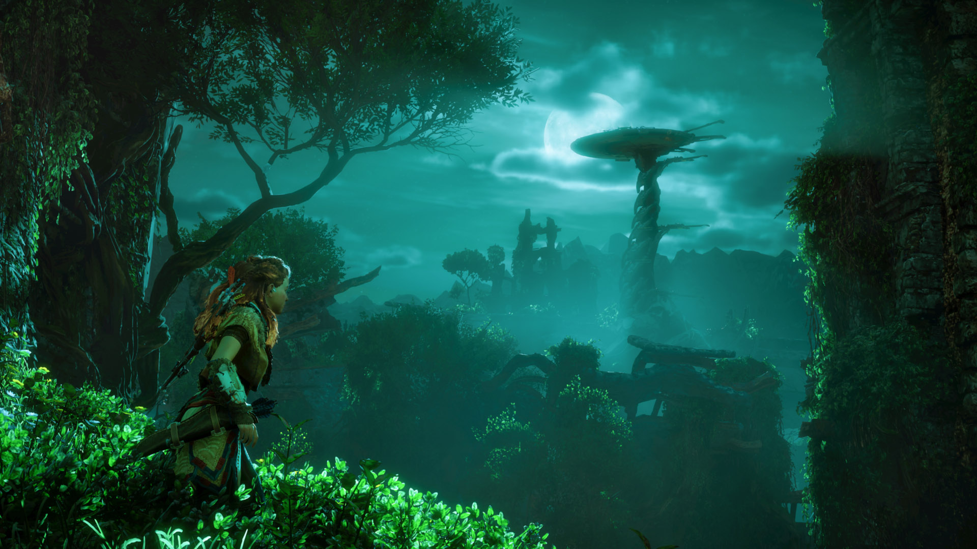 Aloy from Horizon Zero Dawn in a forest at night HD Wallpaper