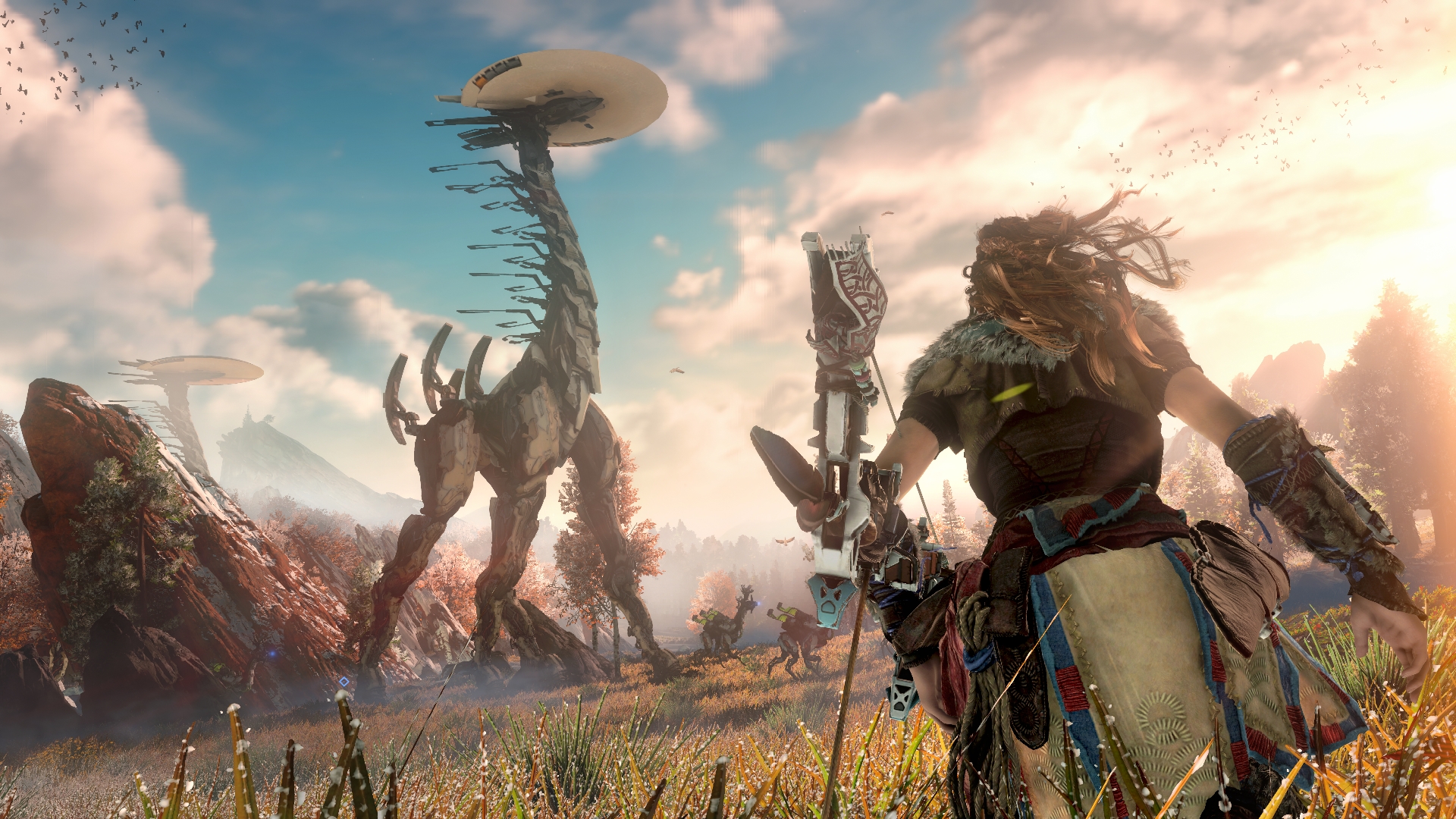 Aloy from Horizon Zero Dawn in a field with machines HD Wallpaper