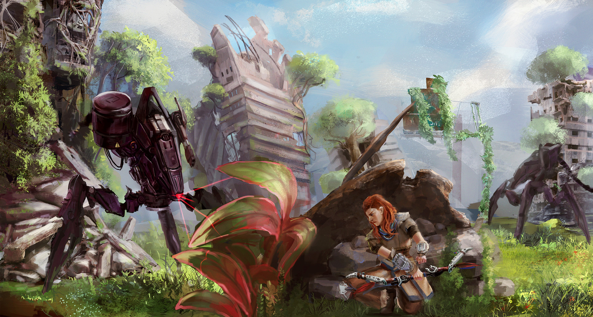 Aloy from Horizon Zero Dawn with machines in ruins HD Wallpaper