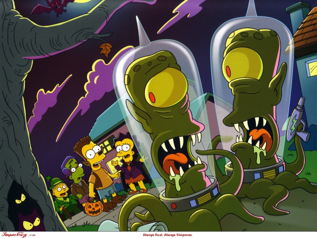 The Simpsons Halloween aliens and trick-or-treaters HD Wallpaper